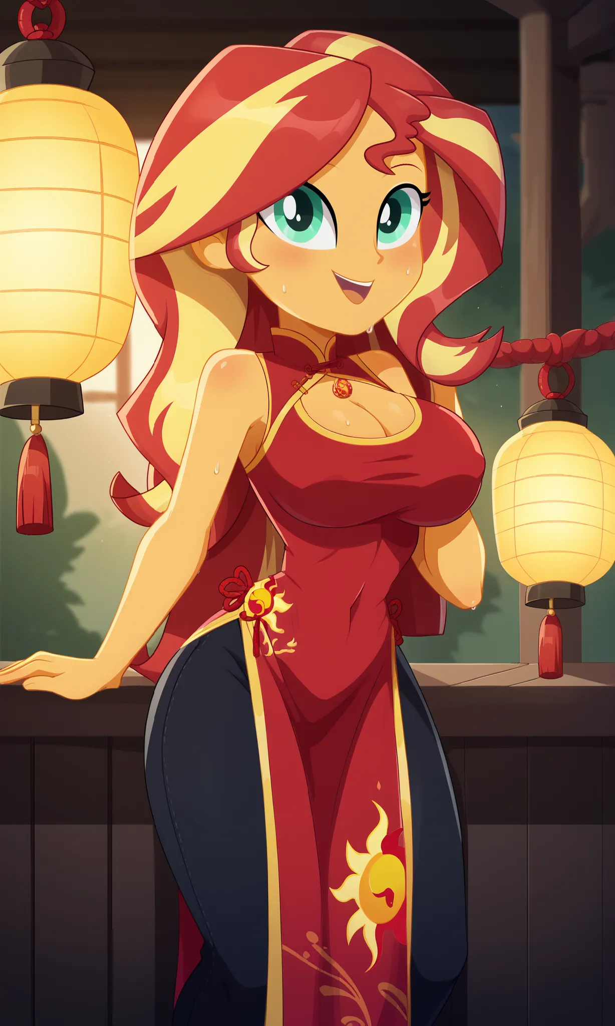 ((masterpiece, detailed image, soft skin, style_2d_chibi)), (sunset_shimmer)1 girl, crop top, cleavage, huge breasts,, ((focus on face)), alone, chinese_clothing, pelvic curtain, lantern, chinese ornaments, chinese bow, choker, cleavage, medium breasts, ...
