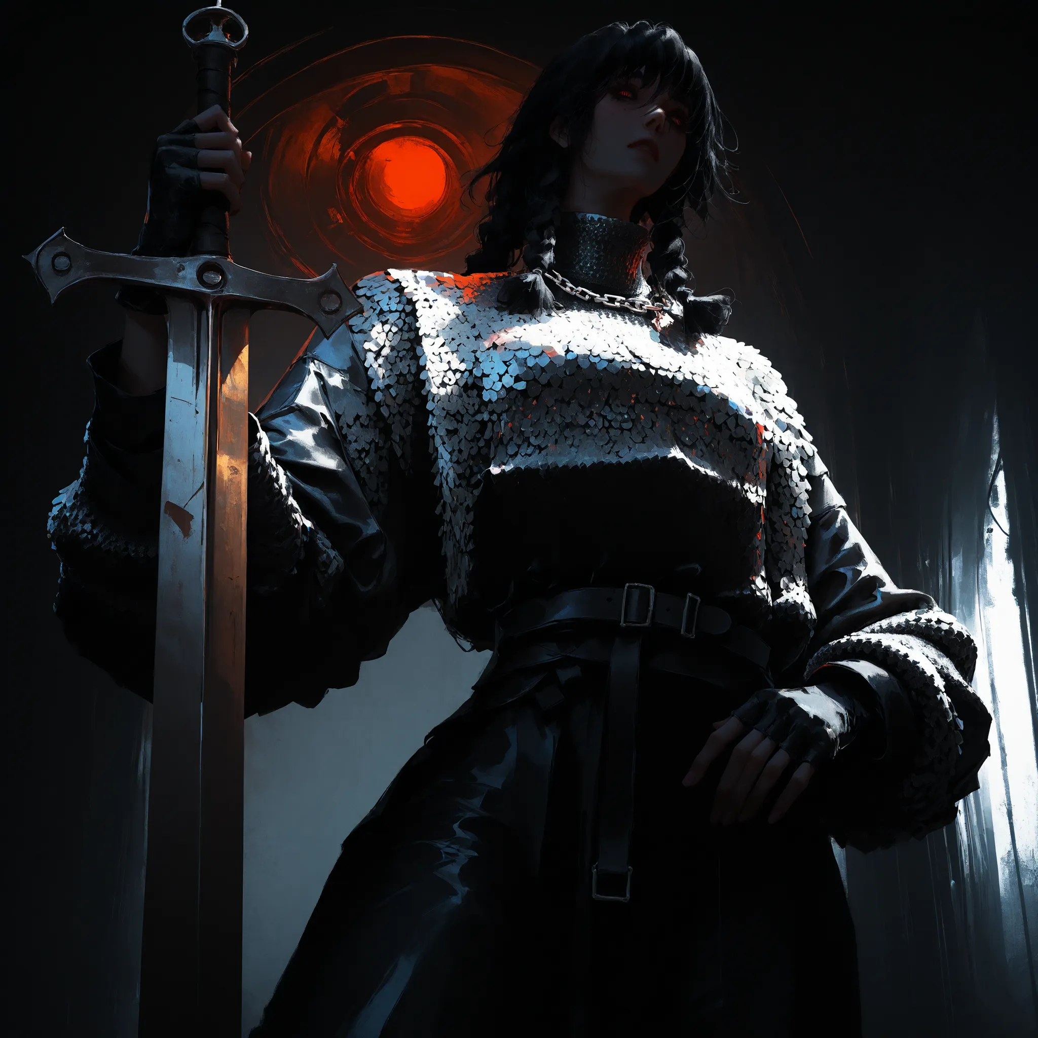 artist: wlop, masterpiece, best quality, illustration, a vampire woman, beautiful woman, European facial features, Caucasian, small breasts, shoulder length black hair, small braids, red irises, detailed face, loose fitting leather pants, female wearing ve...