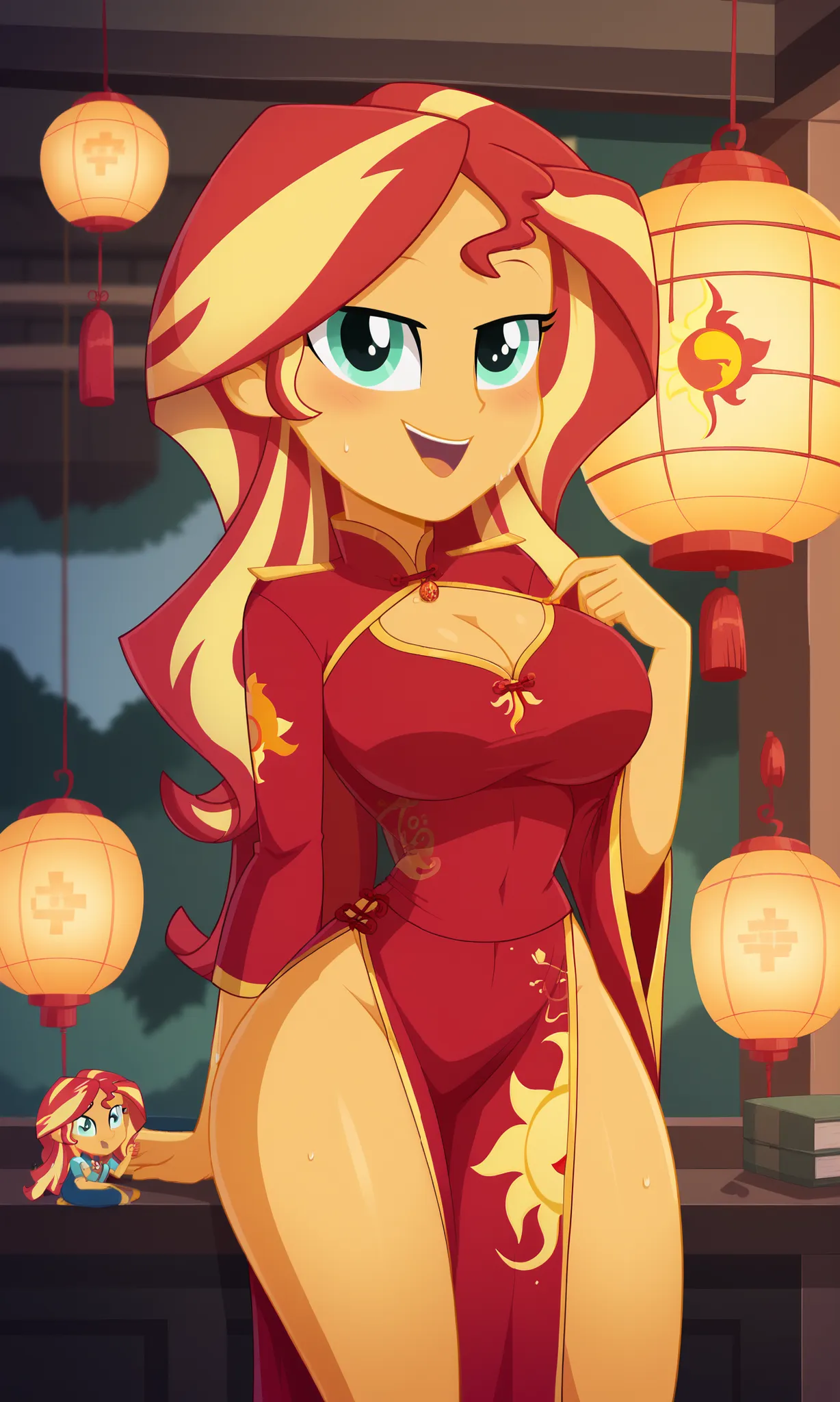 ((masterpiece, detailed image, soft skin, style_2d_chibi)), (sunset_shimmer)1 girl, crop top, cleavage, huge breasts,, ((focus on face)), alone, chinese_clothing, pelvic curtain, lantern, chinese ornaments, chinese bow, choker, cleavage, medium breasts, ...