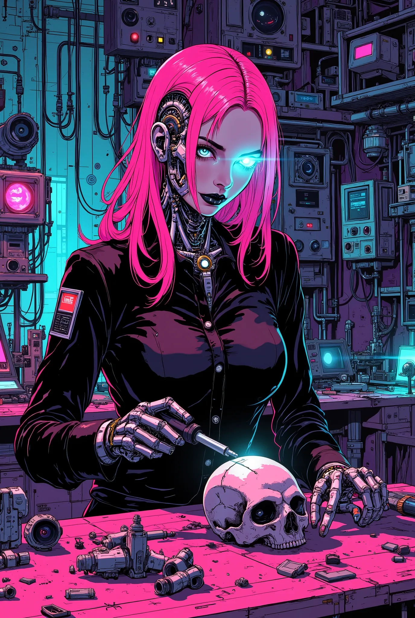  A digital artwork in the style of cknc, A half-body shot of a beautiful cyborg girl in her futuristic workshop. She has neon pink hair cascading down her shoulders, contrasting sharply with her black lipstick. The top of her face, from under the nose to t...