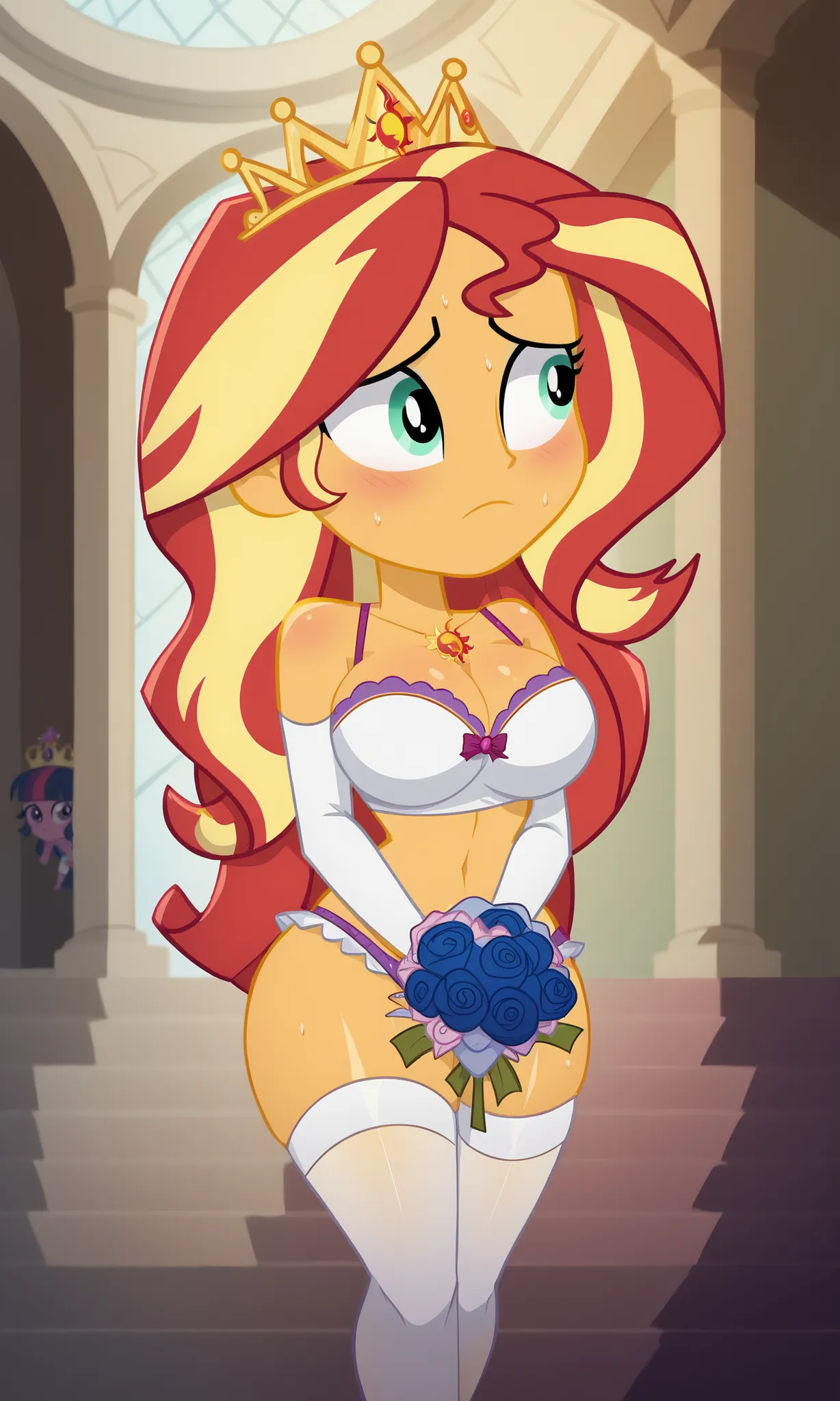 ((masterpiece, detailed image, soft skin, style_2d_chibi)), (sunset_shimmer)1 girl, crop top, cleavage, huge breasts,, ((focus on face)), 1 girl, Cosplay, miss, body band, ribbon, big breasts, heart-shaped colar, elbow-length gloves, bridal gloves, white...