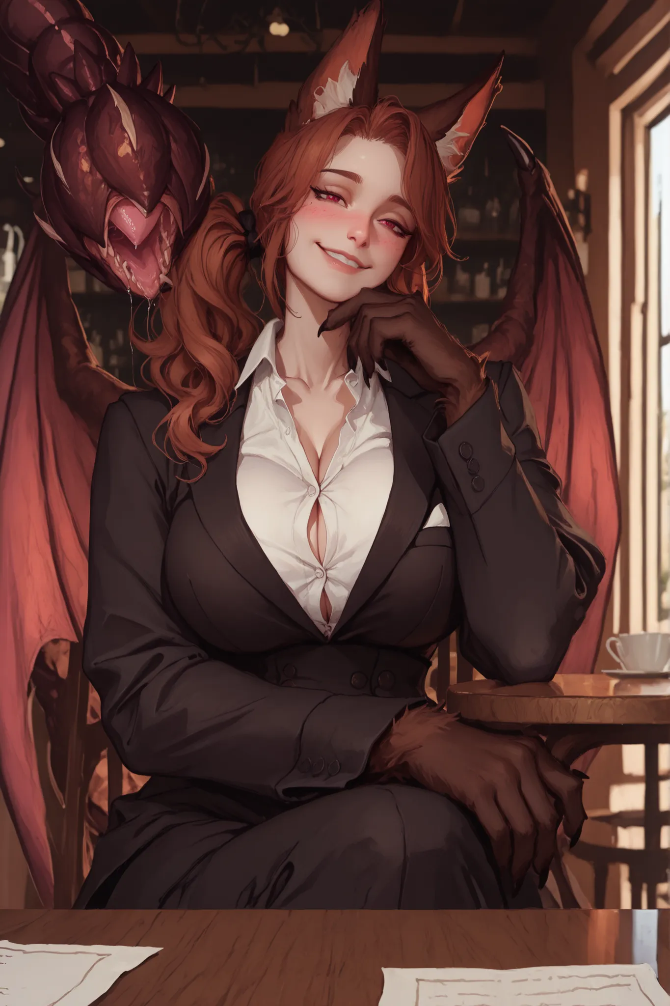 solo, close up, female, huge female, 7 foot tall, extremely tall, friendly smile, feminine, girly, friendly, half-lided eyes, red eyes, reddish brown hair, long wavy hair, side-ponytail, neat straight hair, Manticore MGE, monster girl, prehensile tail, ani...