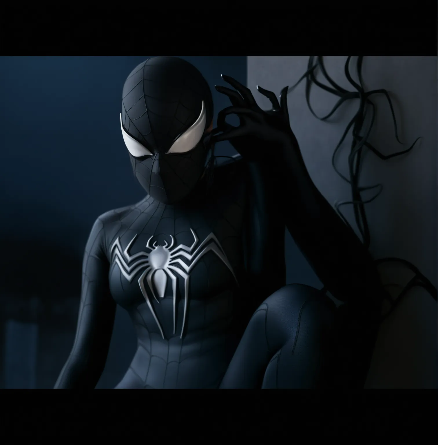  spider girl looking at her hand , female 1girl , symbiote tendrils , realistic style, sexy female body, girl sexy , mask
