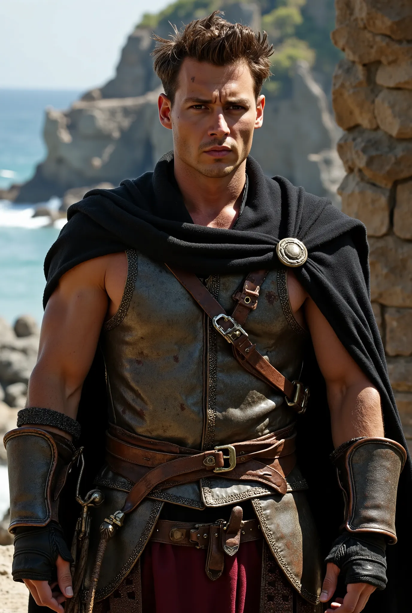 Middle Aged, Adult Man, Mixed Medieval armor and Pirate Clothes, Short dirty brown hair, brown eyes, lean muscular body, black cape, realistic, high quality, better resolution, Slim but fit muscular.