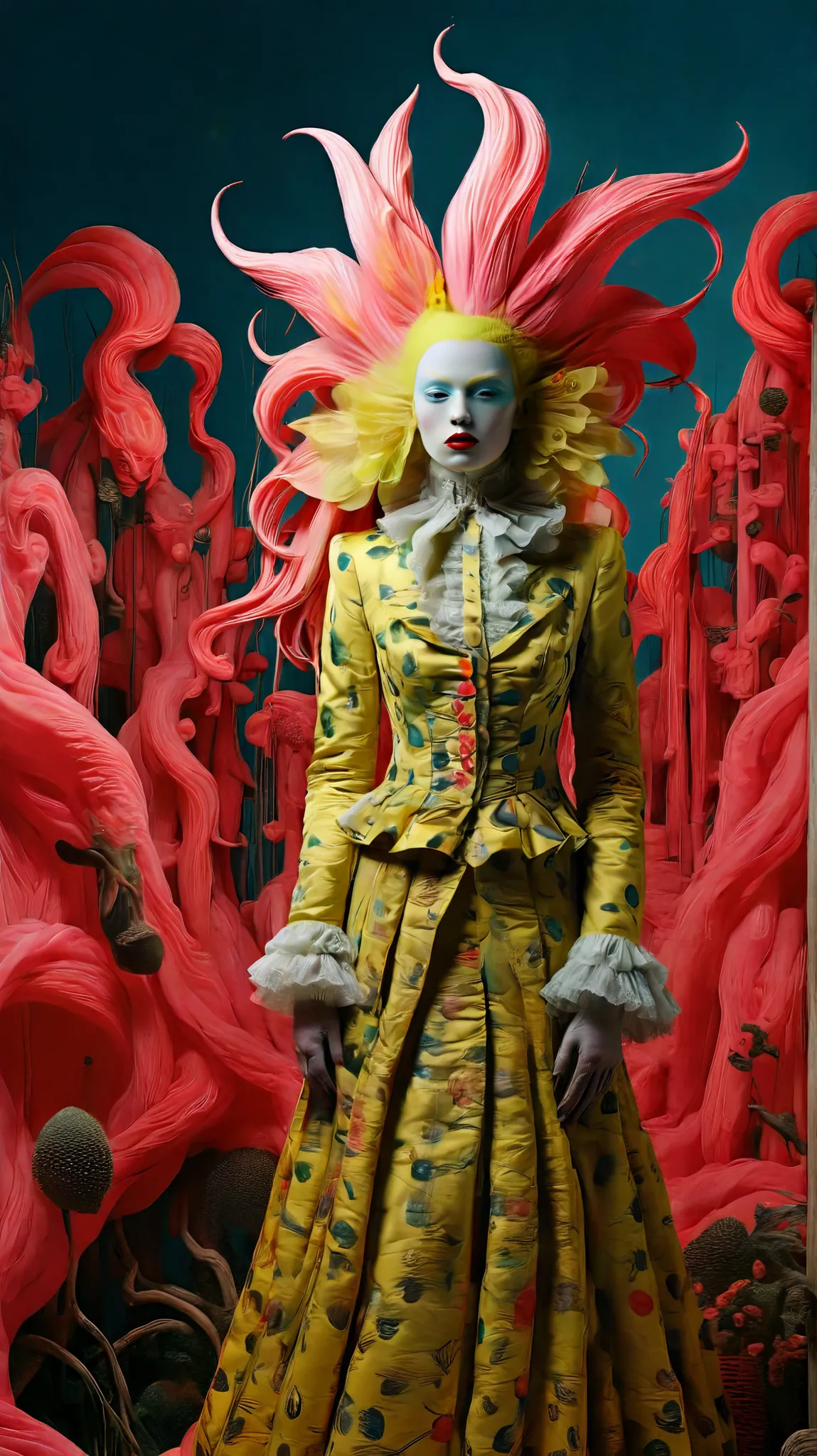Tim Walker inspired, fashion photography, foreground, whimsical settings, surreal elements, creative storytelling, vibrant colors, (detailed face:1.05), hyperrealistic, Photorealistic