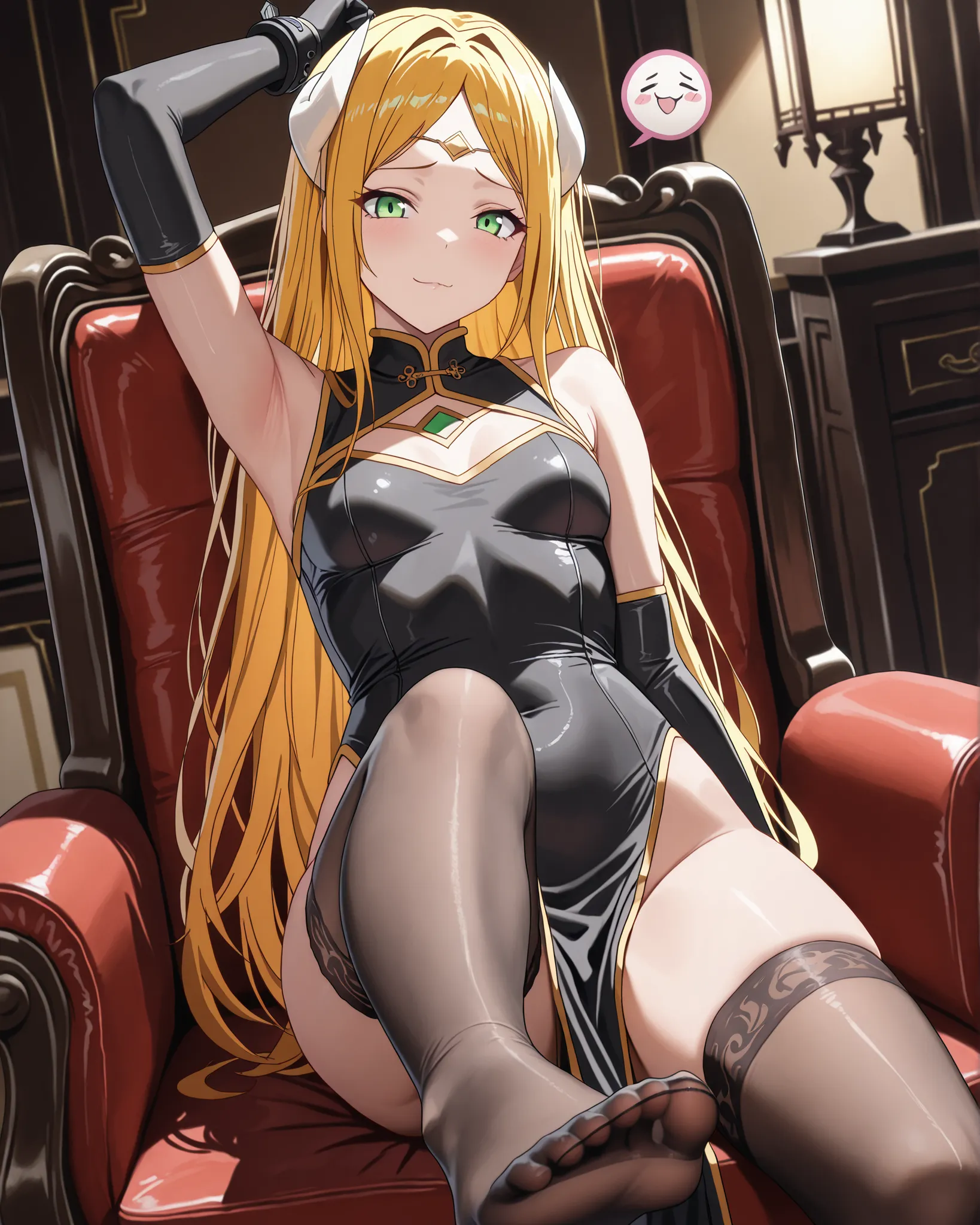 masterpiece, excellent quality, en iyi kalite, is absolutely glamorous, ridiculous results, high resolution, en yeni, Inside, 1girl, (Full length view from head to toe), overlord's Renner Theiere Chardelon Ryle Vaiself sits in a seductive pose as she show...