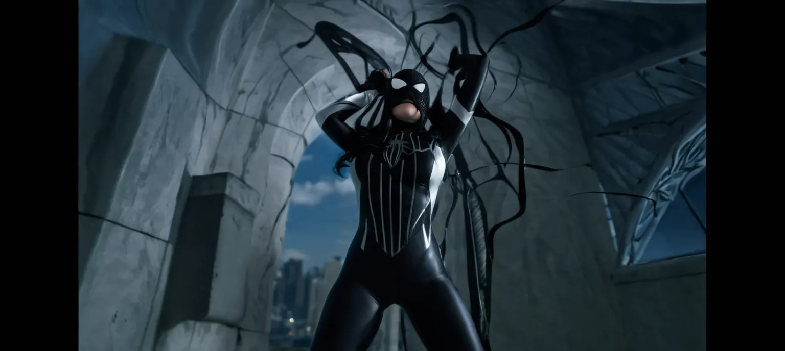 Erica lindbeck angry rage struggling with the black liquid latex symbiote mask , female , black hair , long hair, 1girl, symbiote tendrils, realistic style, sexy female body, woman sexy, bell tower background ,Symbiote Suit , white lenses
