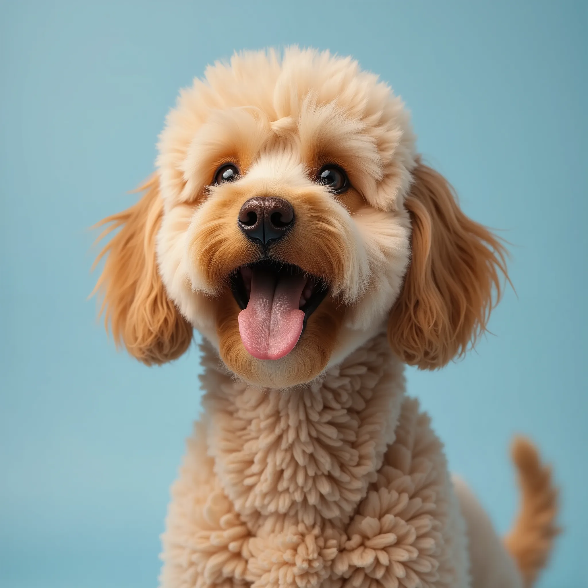 Photorealistic image of a happy Royal Poodle with tongue out, looking into the camera playfully from the side, head tilted, on a solid light blue background. Sharp focus, natural lighting, high detail, realistic fur texture, fun and cheerful expression, DS...