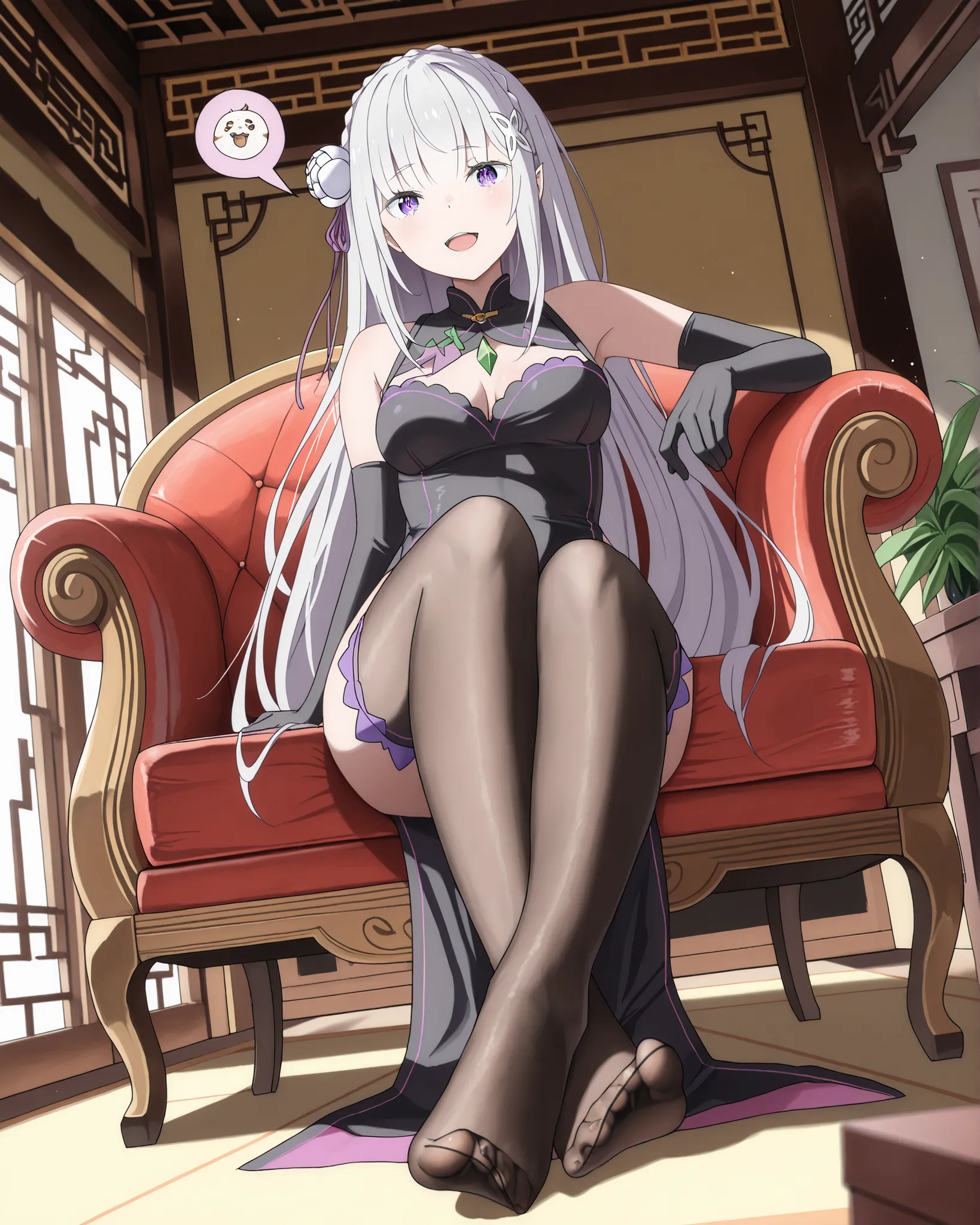 masterpiece, excellent quality, en iyi kalite, is absolutely glamorous, ridiculous results, high resolution, en yeni, Inside, 1girl, (Full length view from head to toe), Re:zero sits in a seductive pose while showing her sexy feet in the foreground while ...