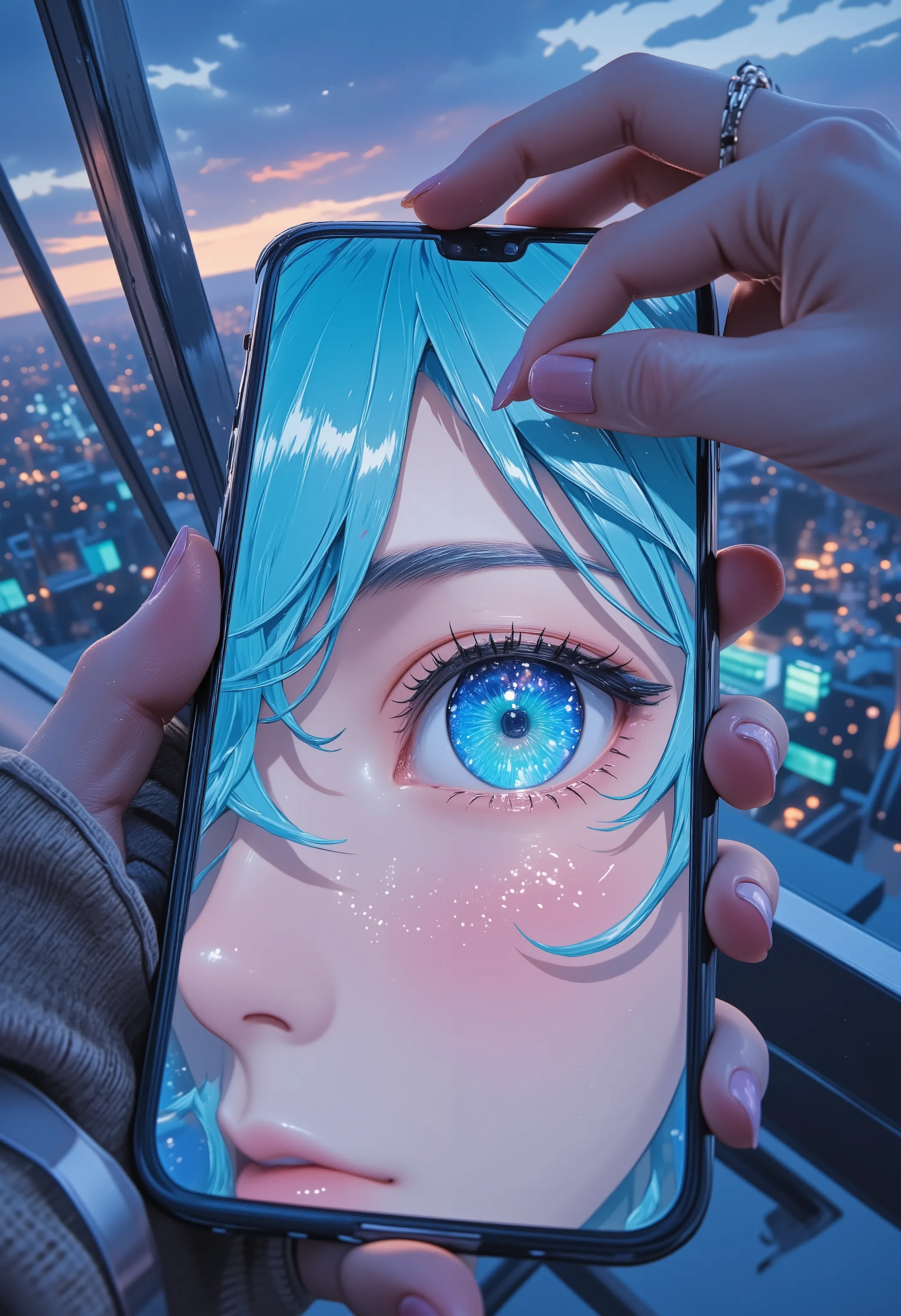 Hatsune Miku taking selfie on glass-walled rooftop, smartphone OLED screen displaying real-time facial close-up, 4K resolution pore-level skin texture, metal phone frame reflecting cool twilight tones, screen white balance matching ambient light, transluce...
