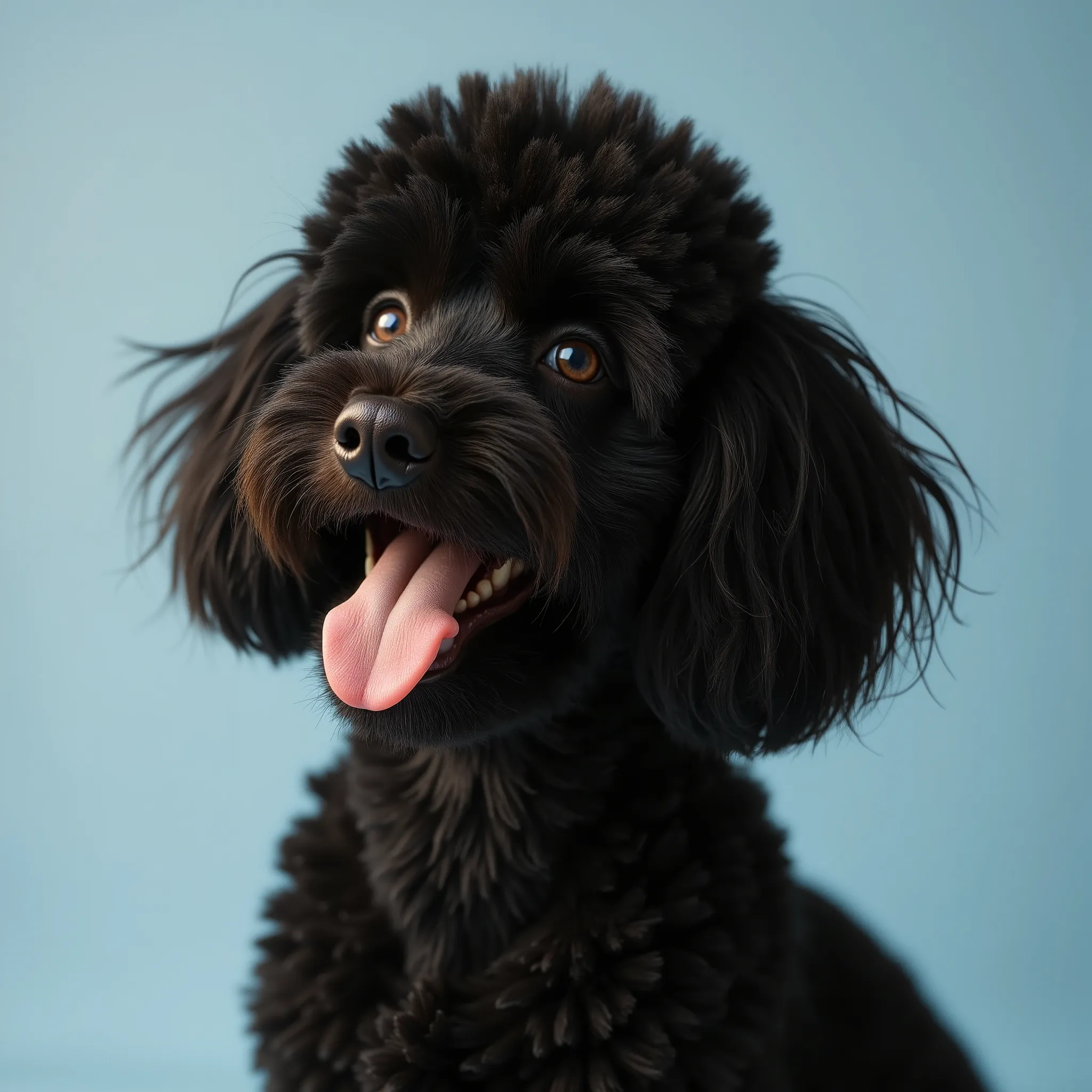 Photorealistic image of a happy black Royal Poodle with tongue out, looking into the camera playfully from the side, head tilted, on a solid light blue background. Sharp focus, natural lighting, high detail, realistic fur texture, fun and cheerful expressi...