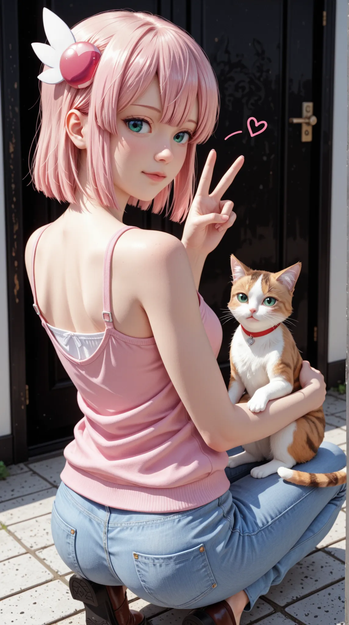 masterpiece、best quality、vivid、very aesthetic、high contrast、Realistic Portraits、8K, Detailed Faces、detailed texture、detailed skin、detailed eyes、looking back, looking at viewer, full body, soro, Girl holding a cat on her lap, joyful, one hand up,  V-sign ,1girl, 1girl, chiyoda momo, machikado mazoku