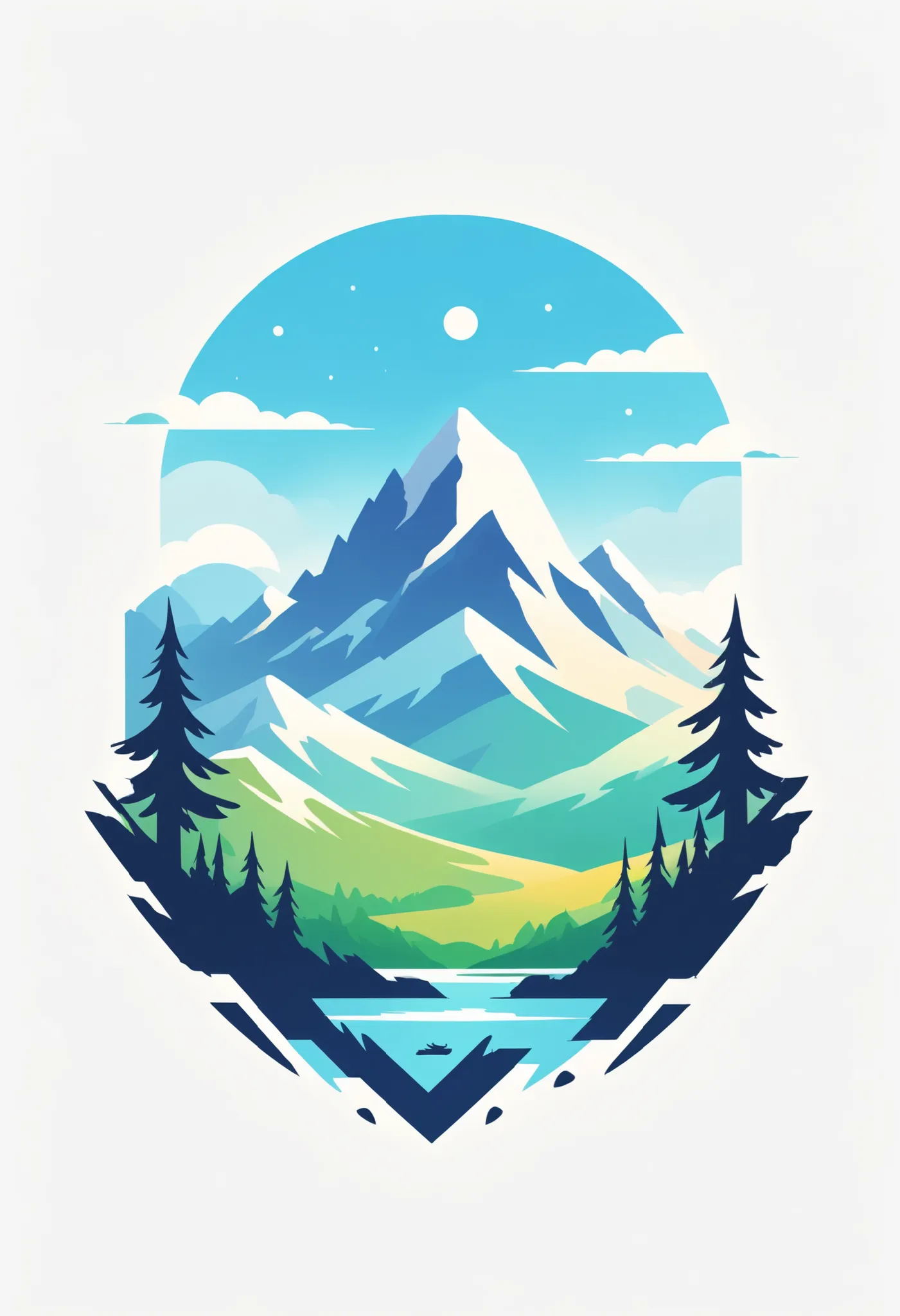 T-shirt design, Impressive snow-capped mountains、Paintings of the grassland, ameticulous, Environmental Art, meticulous, Silhouette Art, 2D Game Art, Background of the logo