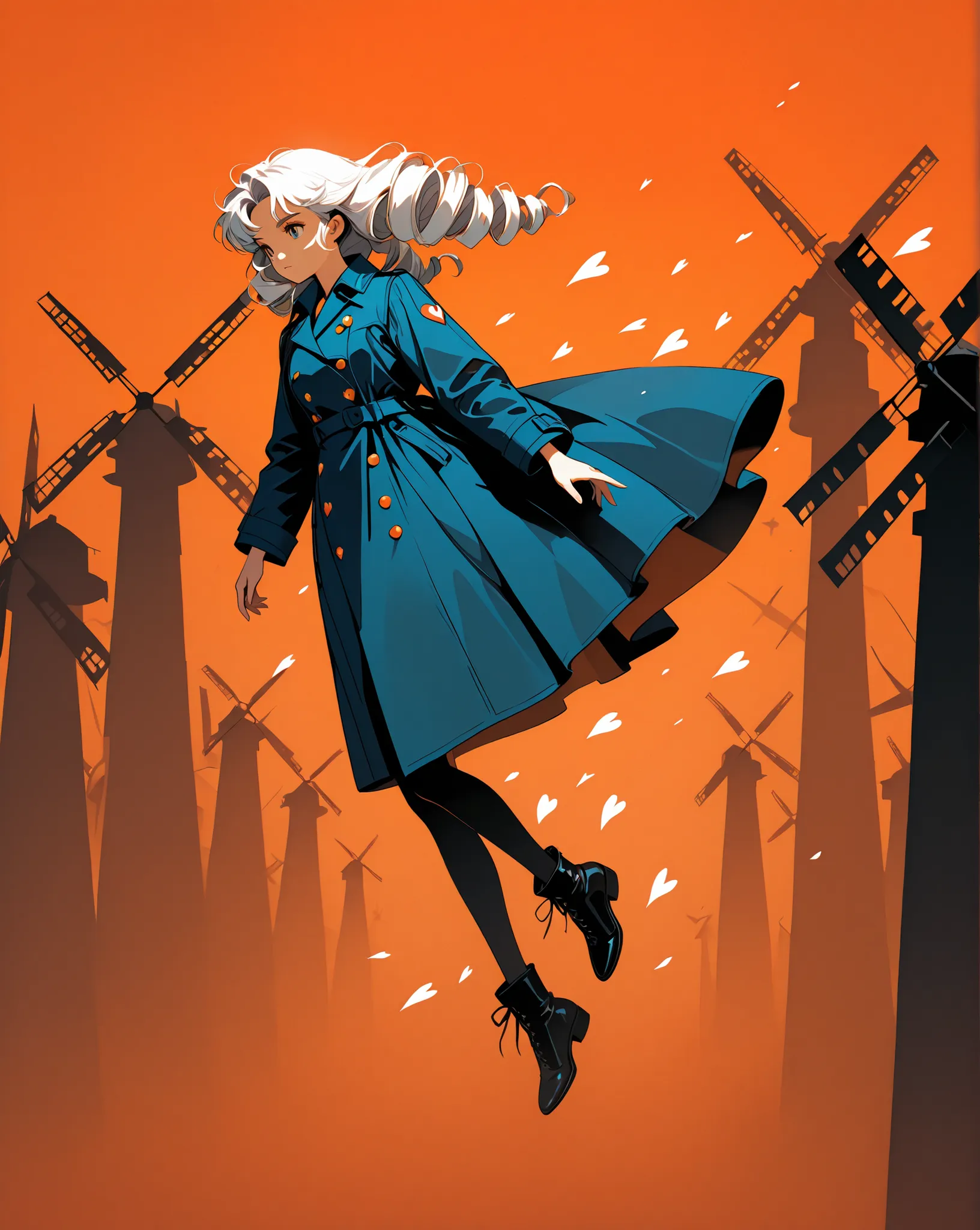newest, incredibly absurdres, best quality, amazing quality, very aesthetic, retro artstyle, abstract, orange theme, 's drawing,
1girl, drill hair, white hair, blue trench coat, flying hearts, windmill,
full body, zoom out,