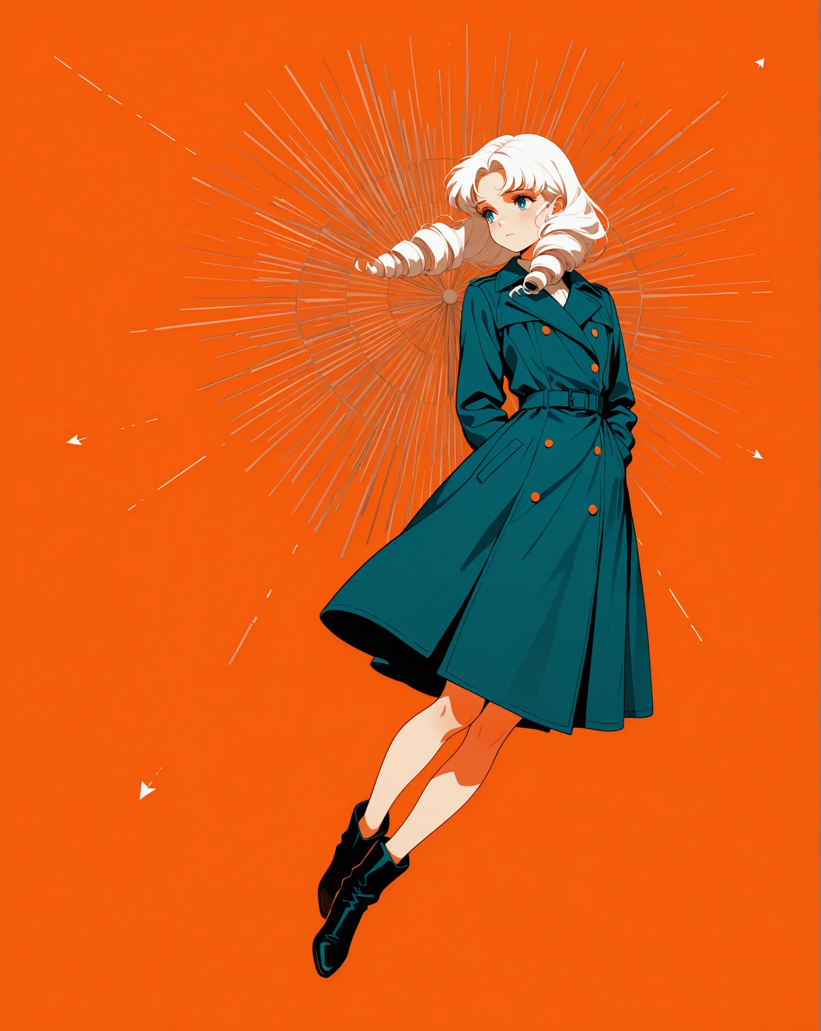 incredibly absurdres, best quality, amazing quality, very aesthetic, retro artstyle, abstract, orange theme, dry blush, ish drawing, geometric background,
1girl, drill hair, white hair, blue trench coat, flying hearts, windmill,
full body, zoom out,