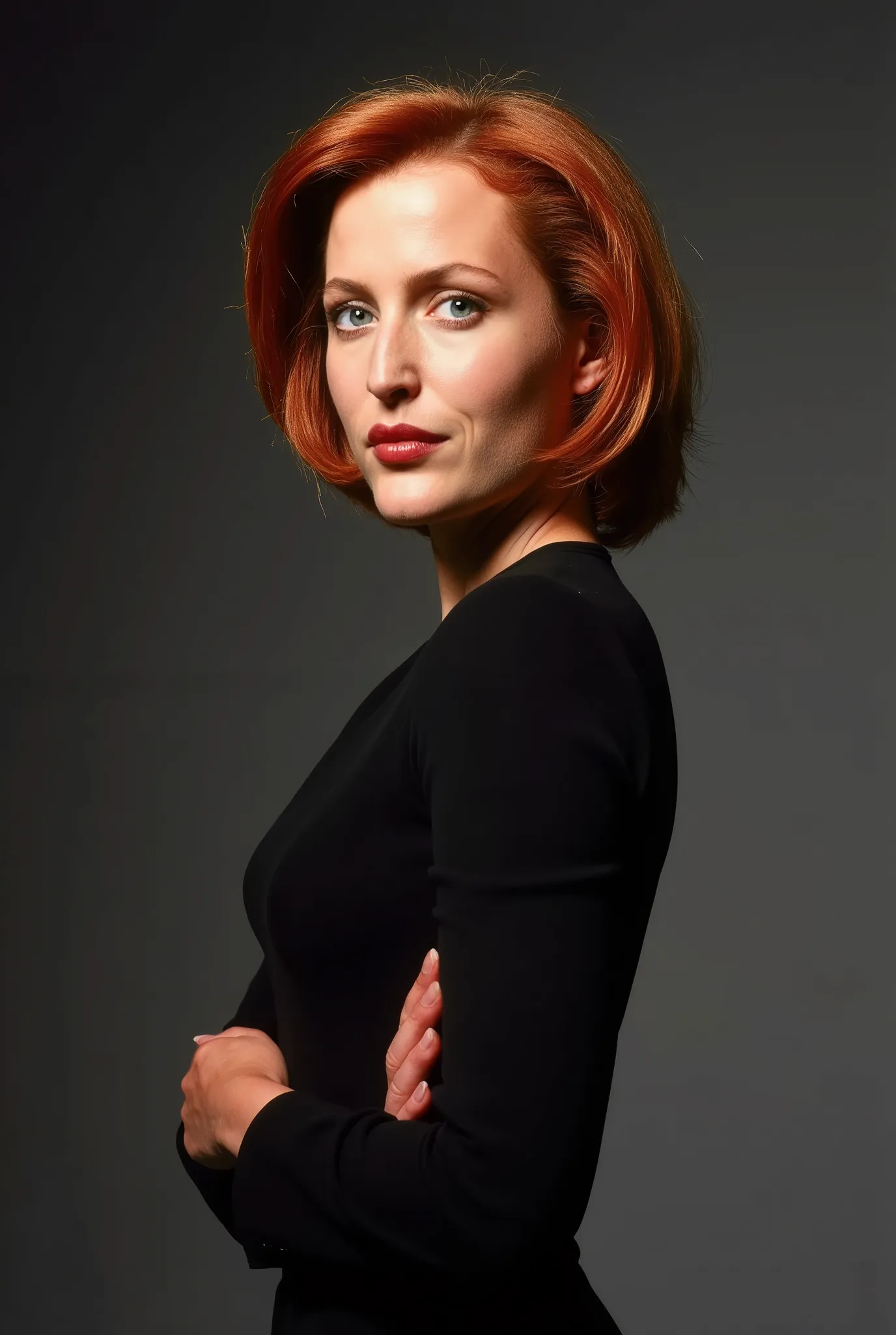 young Dana Scully, the prettiest and sexiest woman, red hair in an elegant stylish bun, Her gray eyes, her full lips and her bright smile are captivating. Her long legs, her slender body and her firm, real breasts invite exploration, wearing a sexy knee le...