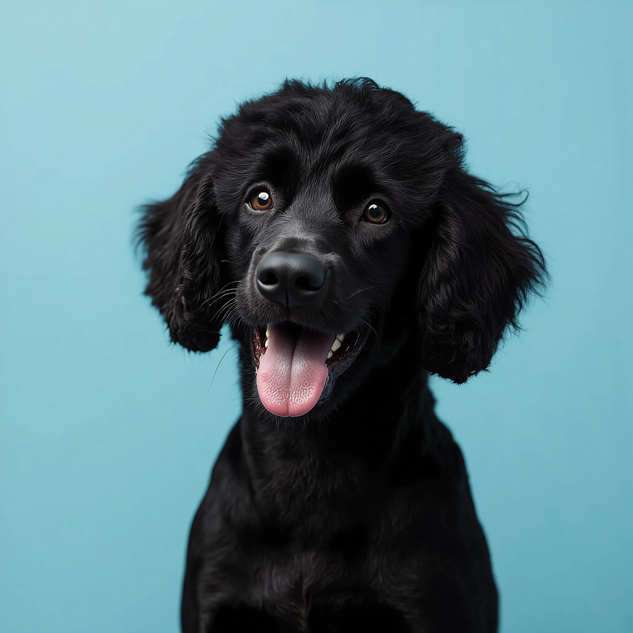 Photorealistic image of a happy black Royal Poodle with tongue out, looking into the camera playfully from the side, head tilted, on a solid light blue background. Sharp focus, natural lighting, high detail, realistic fur texture, fun and cheerful expressi...