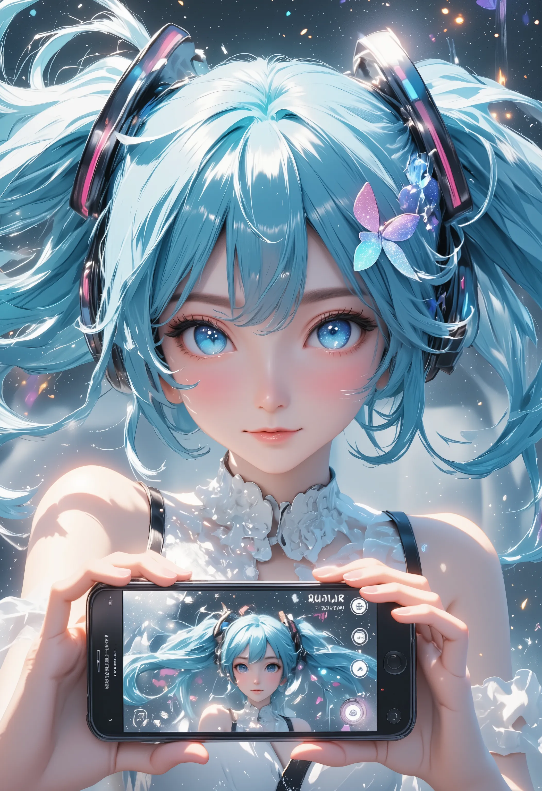 "hyper-realistic details, Hatsune Miku gazing at smartphone screen while selfie, live view showing [bokeh ball reflections] with mirror composition, frosted glass screen refracts ambient light, HUD-style focus box locking on face, cyan highlight glow on sc...