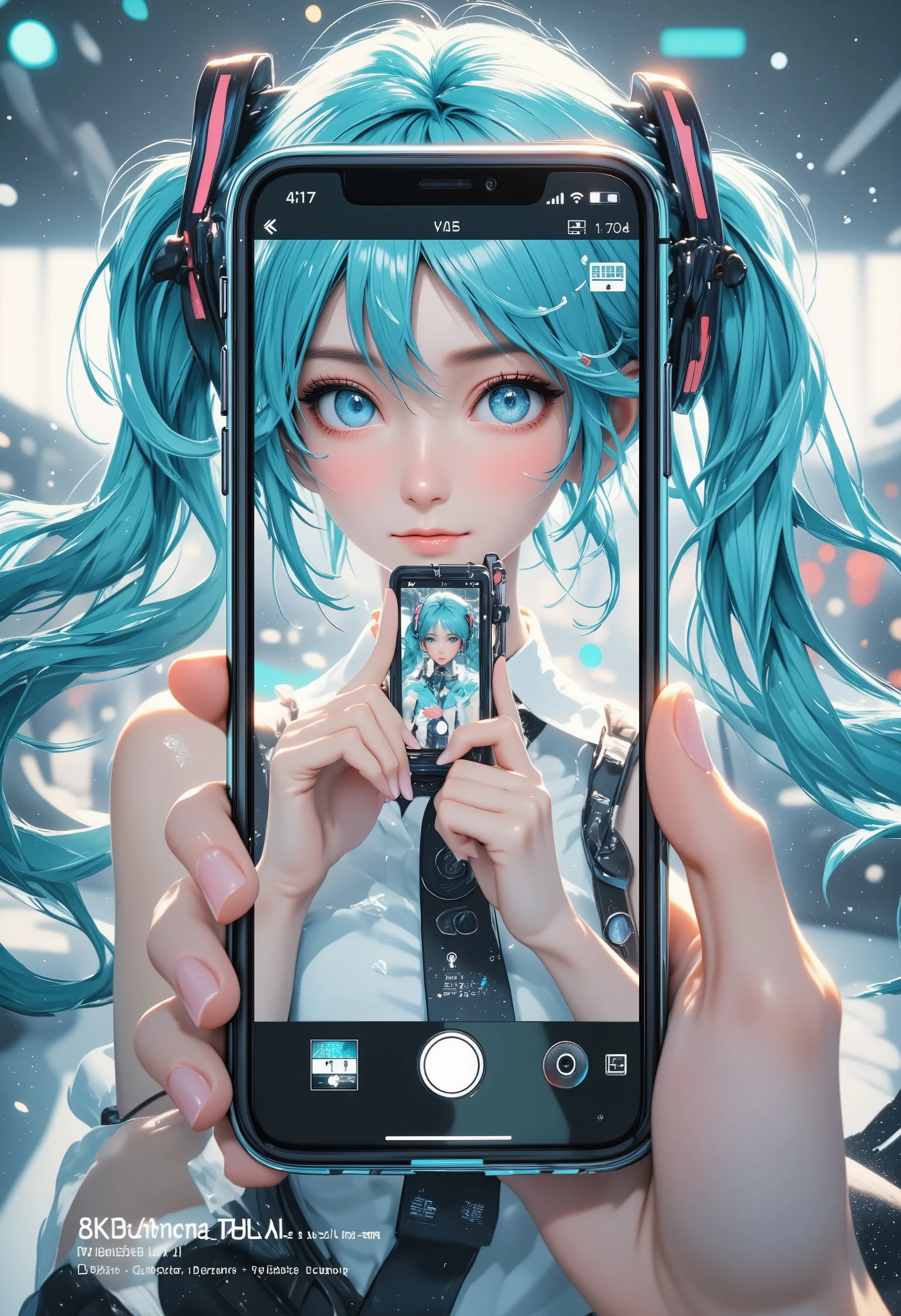 "hyper-realistic details, Hatsune Miku gazing at smartphone screen while selfie, live view showing [bokeh ball reflections] with mirror composition, frosted glass screen refracts ambient light, HUD-style focus box locking on face, cyan highlight glow on sc...