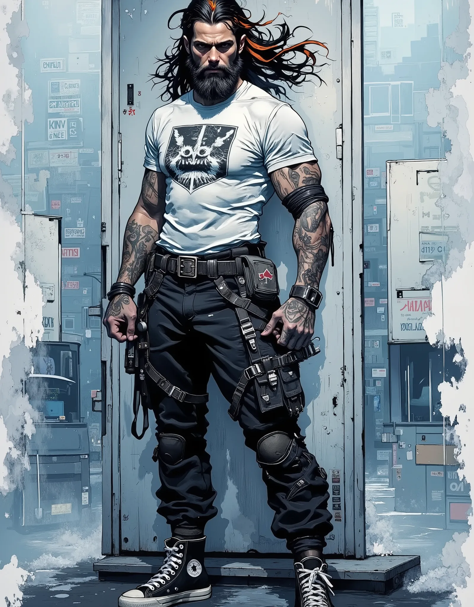 Digital illustration featuring a muscular man with long, flowing black hair tied back, adorned with streaks of orange. He has a full beard and tattoos covering his arms. He is wearing a white t-shirt with a graphic design, black pants with multiple straps ...