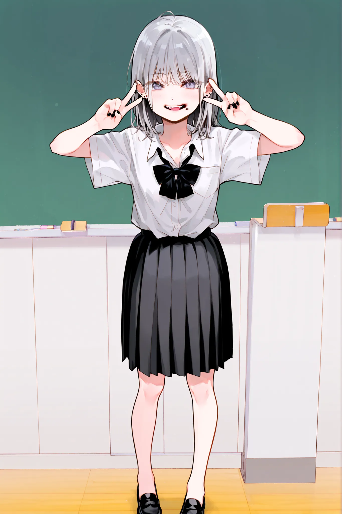 Fuzuki_Fuuro,1girl, solo,front view, silver hair,mullet hairstyle,wolf cut, tousled, fluffy, airy texture, natural movement, white school shirt, large black bow tie at the collar, black pleated skirt, japanese high school uniform, loafers, bare legs, no so...