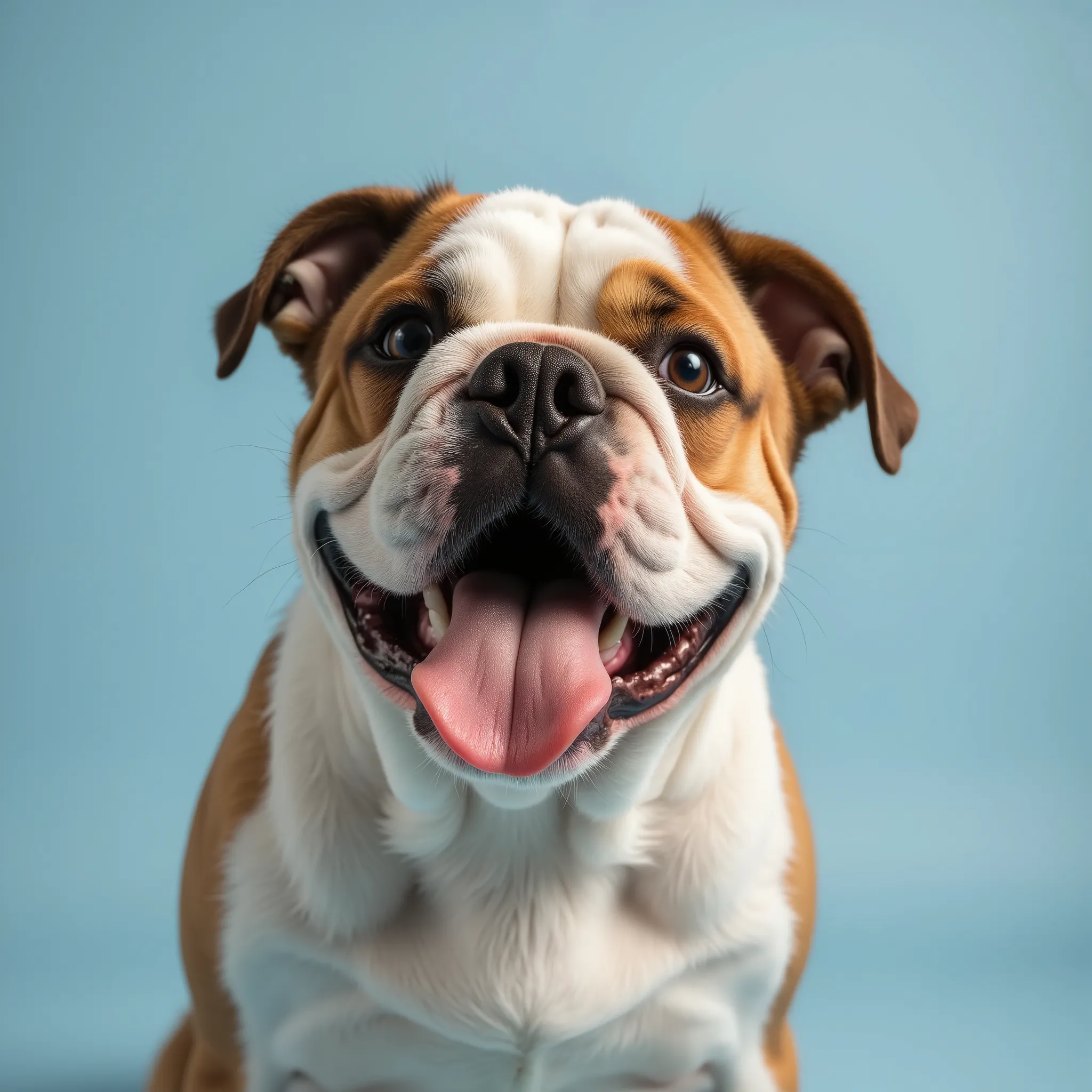 Photorealistic image of a happy English Bulldog with tongue hanging out, playfully looking at the camera from the side with head tilted, against a solid light blue background. Sharp focus, large depth of field, natural lighting, high detail, realistic fur ...