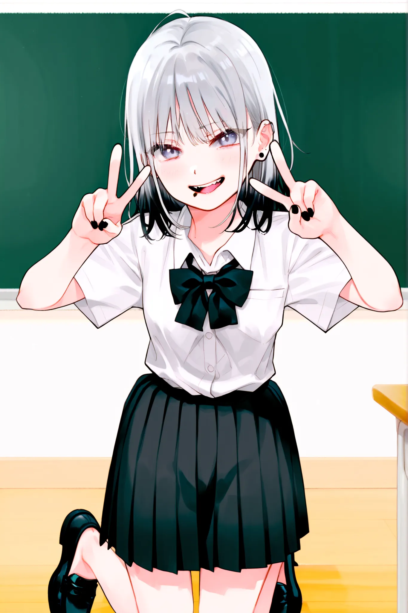 Fuzuki_Fuuro,1girl, solo,front view, silver hair,mullet hairstyle,wolf cut, tousled, fluffy, airy texture, natural movement, white school shirt, large black bow tie at the collar, black pleated skirt, japanese high school uniform, loafers, bare legs, no so...