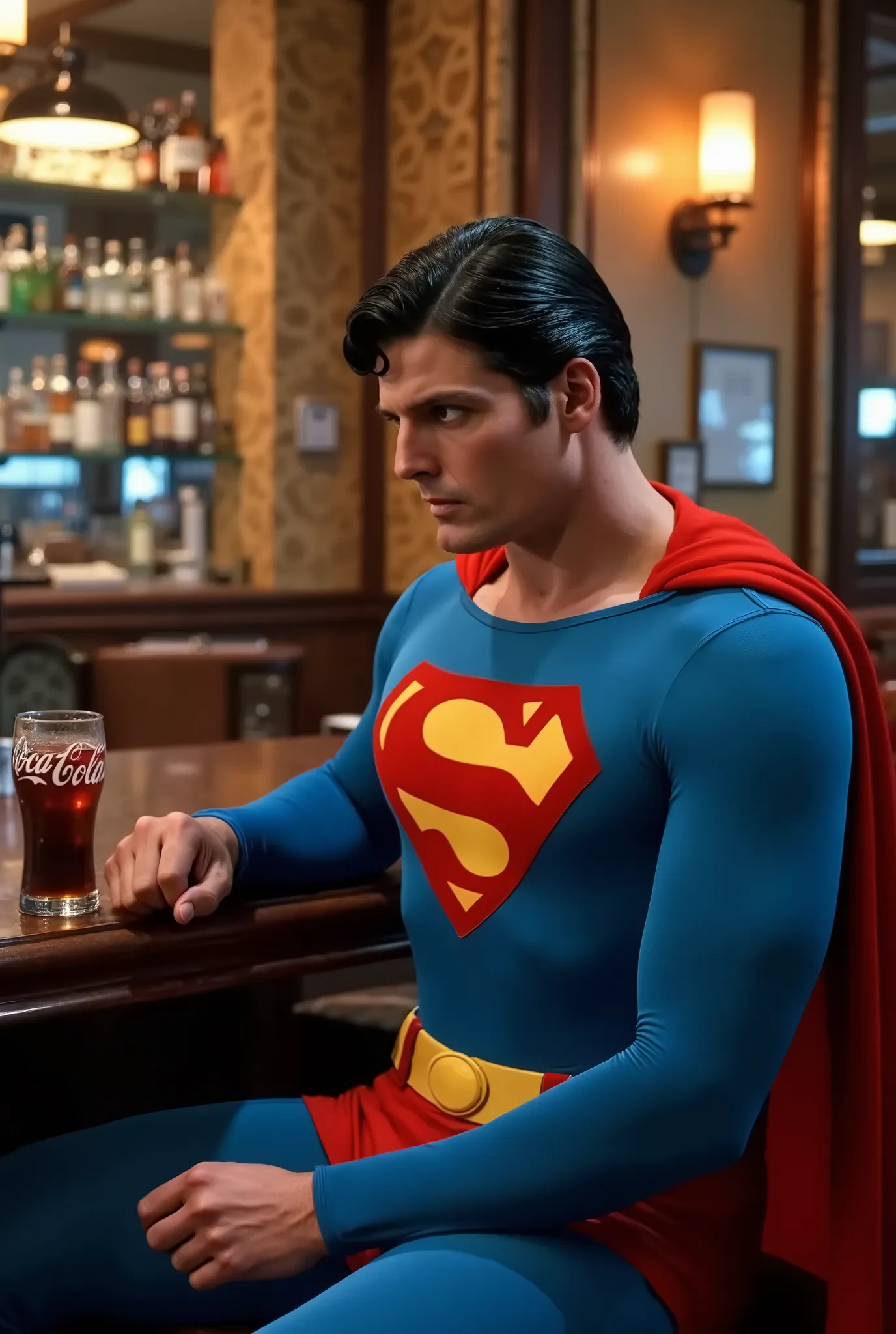 Stable_Iogues_PDXL_Positivos, score_9, foto em close-up, Foto profissional, origem_realismo, softly blurred background, Cinematic composition, Dutch Angle, Cinematic of Superman drinking whiskey at a bar after a long day at work, Is sitting at the bar on a...