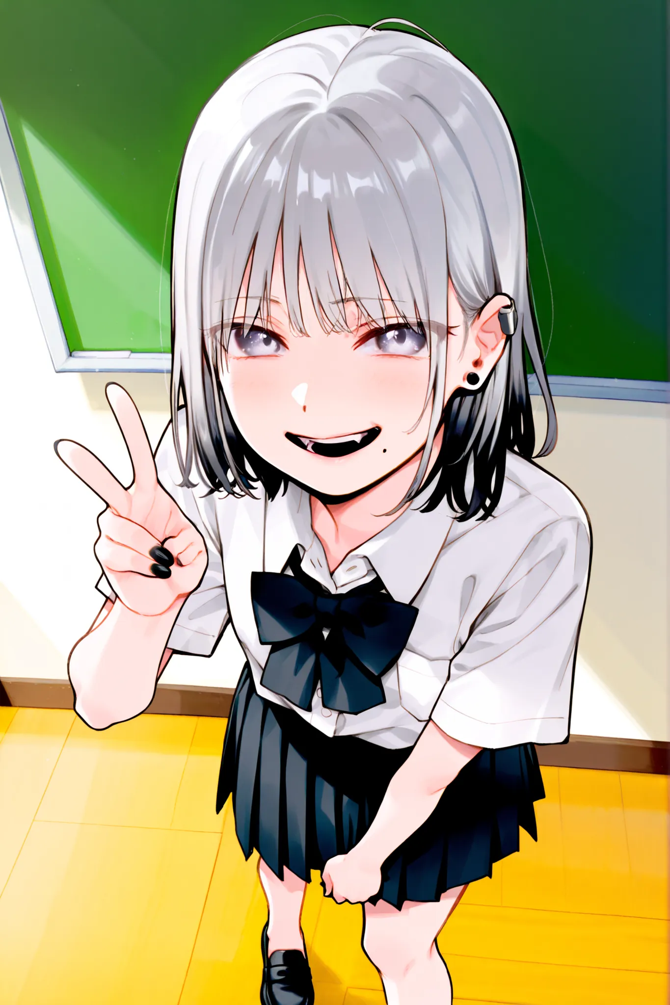 Fuzuki_Fuuro,1girl, solo,front view, silver hair,mullet hairstyle,wolf cut, tousled, fluffy, airy texture, natural movement, white school shirt, large black bow tie at the collar, black pleated skirt, japanese high school uniform, loafers, bare legs, no so...
