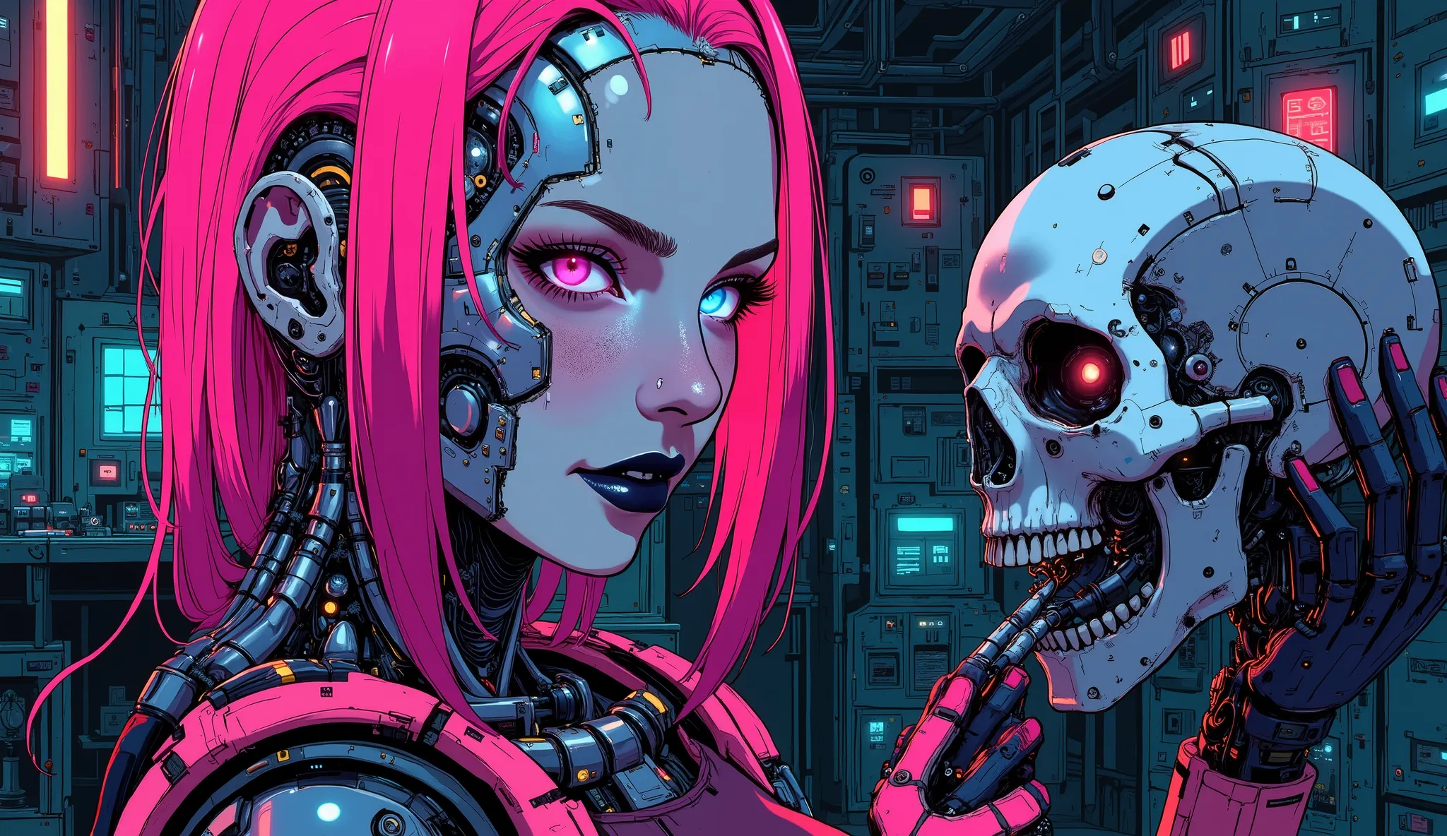  A digital artwork in the style of cknc, A half-body shot of a beautiful cyborg girl in her futuristic workshop. She has neon pink hair cascading down her shoulders, contrasting sharply with her black lipstick. The top of her face, from under the nose to t...