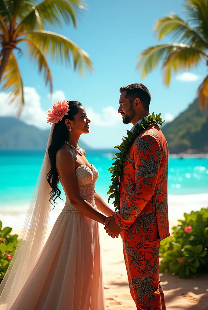 Create a Hawaii wedding with the sea and Hawaii in the background, bride and groom in Hawaiian costumes, super realistic, in detail, masterpiece, cyberpunk style 