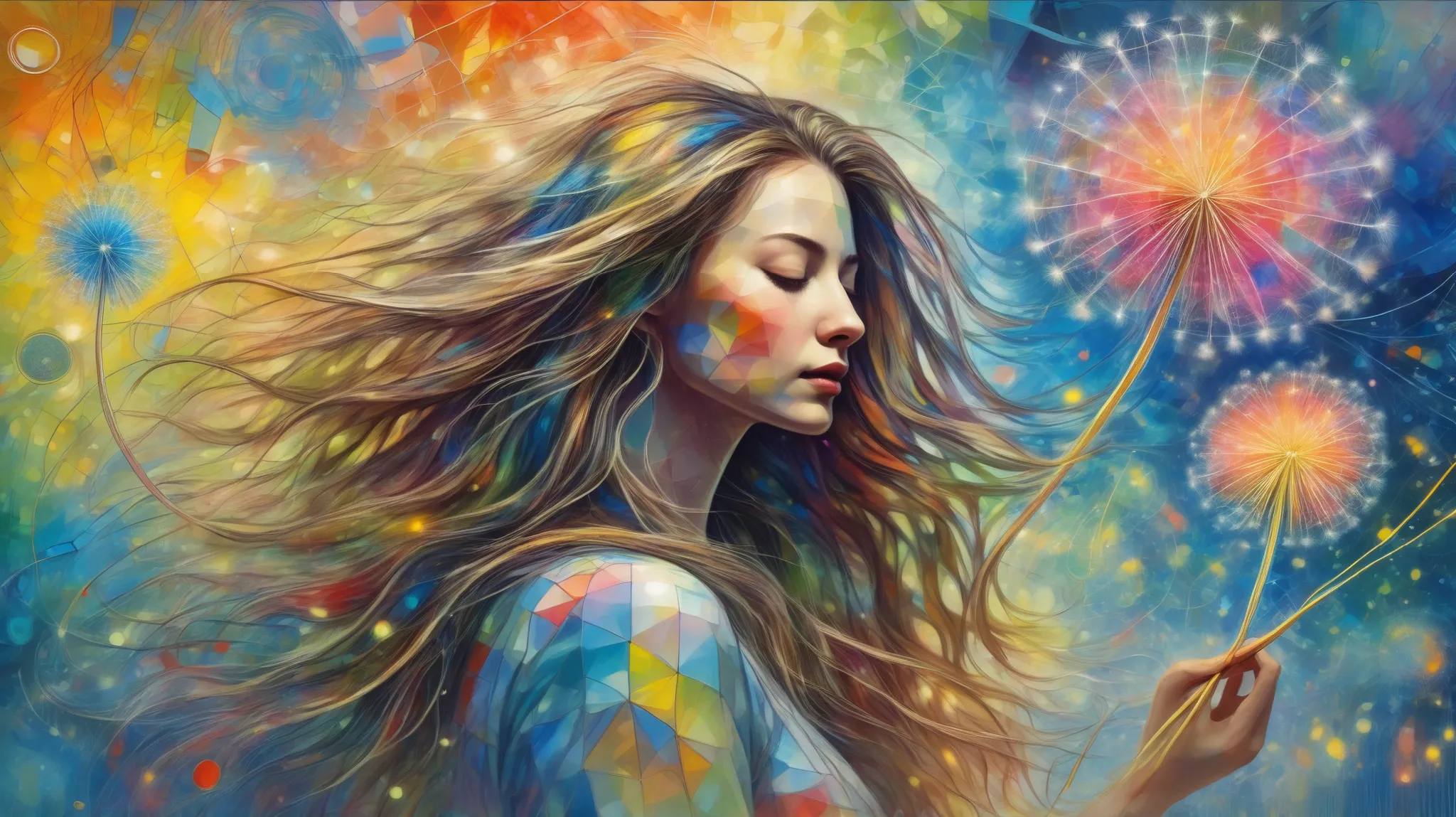 A young woman with long flowing hair stands in a field of bioluminescent dandelions, sketching an abstract expressionist painting with dynamic fluid shapes and vibrant neon tones. The artwork blends chaotic textures and forms, capturing an energetic yet se...