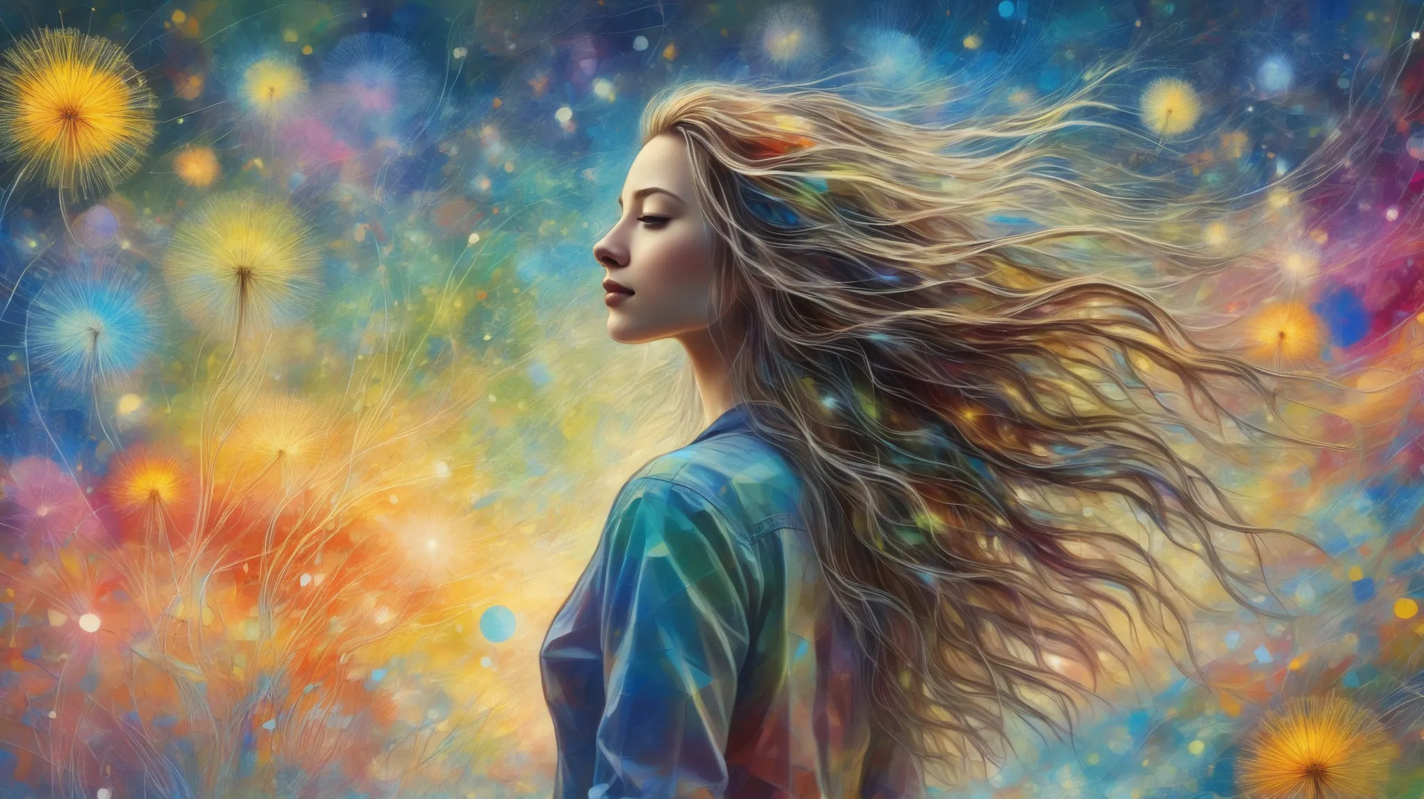A young woman with long flowing hair stands in a field of bioluminescent dandelions, sketching an abstract expressionist painting with dynamic fluid shapes and vibrant neon tones. The artwork blends chaotic textures and forms, capturing an energetic yet se...