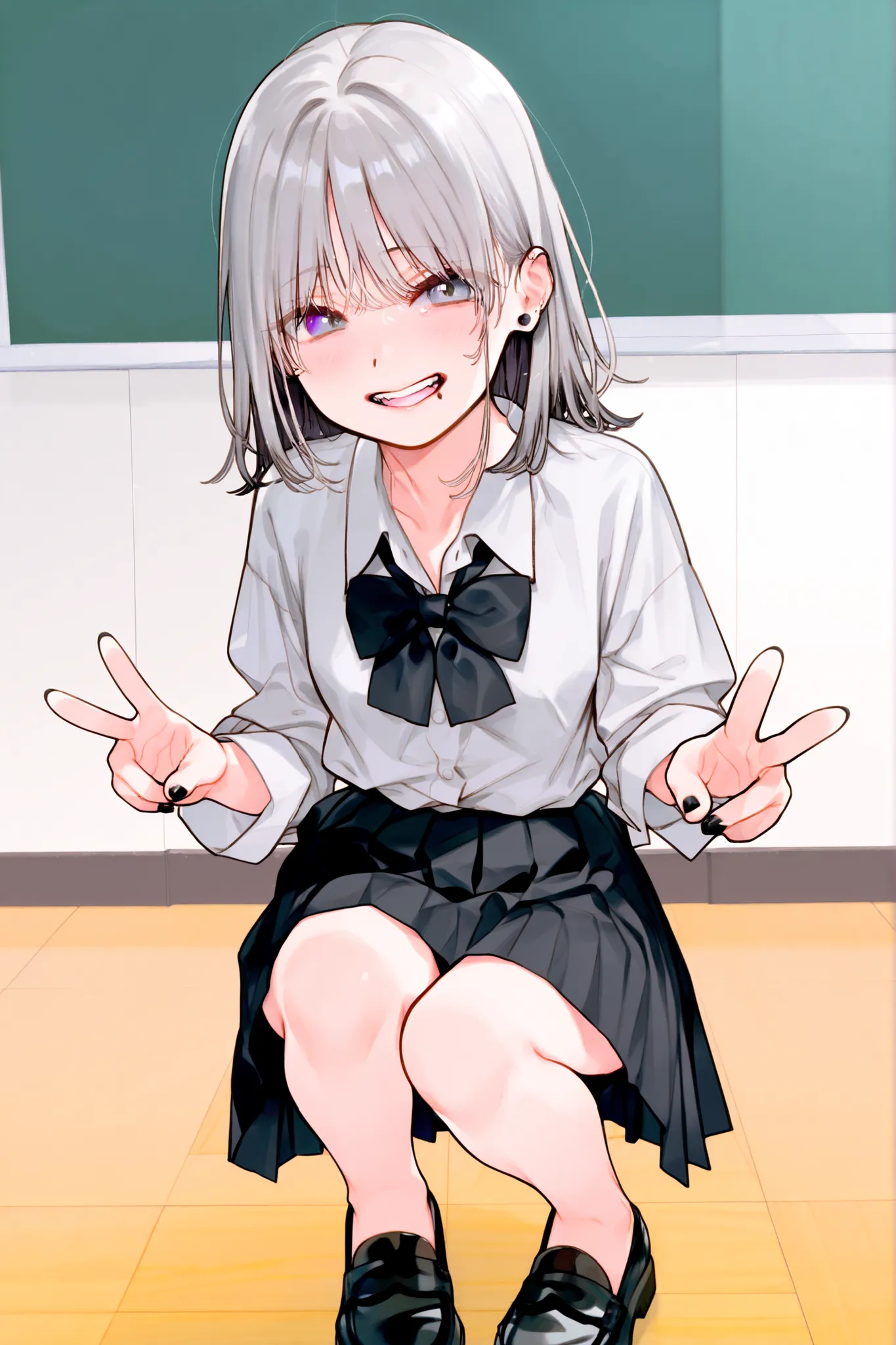 Fuzuki_Fuuro,wolf cut hair,1girl, solo,front view, silver hair,tousled, fluffy, airy texture, natural movement, white school shirt, large black bow tie at the collar, black pleated skirt, japanese high school uniform, loafers, bare legs, no socks, black na...