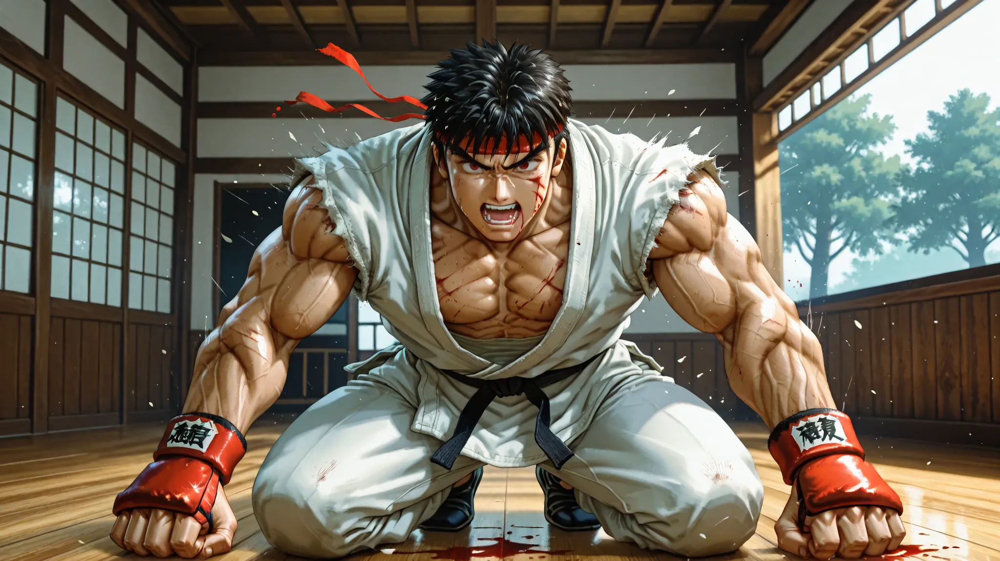 A brutal training fight between Ryu and Ken in a traditional Japanese dojo surrounded by nature. Ryu, wearing his white gi, is throwing a powerful punch toward Ken’s face, sweat and dust flying off. Ken, in his red gi, is mid-air from the impact but gritti...