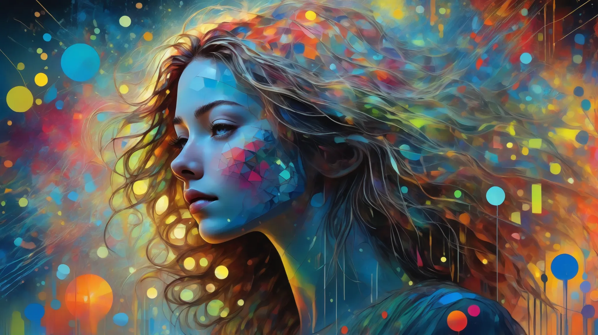 A young woman with long flowing hair stands in a field of bioluminescent dandelions, sketching an abstract expressionist painting with dynamic fluid shapes and vibrant neon tones. The artwork blends chaotic textures and forms, capturing an energetic yet se...
