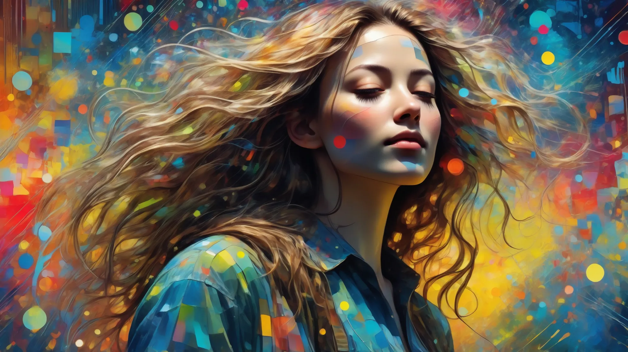 A young woman with long flowing hair stands in a field of bioluminescent dandelions, sketching an abstract expressionist painting with dynamic fluid shapes and vibrant neon tones. The artwork blends chaotic textures and forms, capturing an energetic yet se...