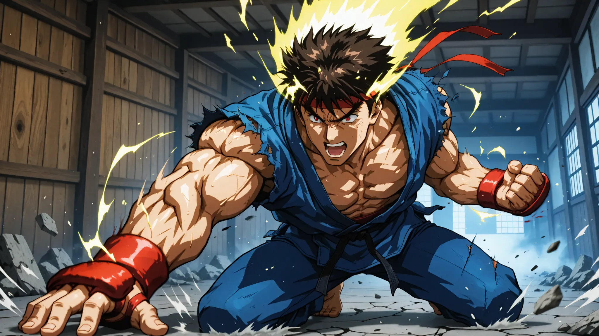 Intense anime-style training fight between Ryu and Ken in a dojo at sunset. Ryu lands a heavy punch to Ken’s jaw, with exaggerated speed lines, motion blur, and a burst of energy. Ken’s head snaps sideways, his hair flying, but his eyes show focus. Both ar...
