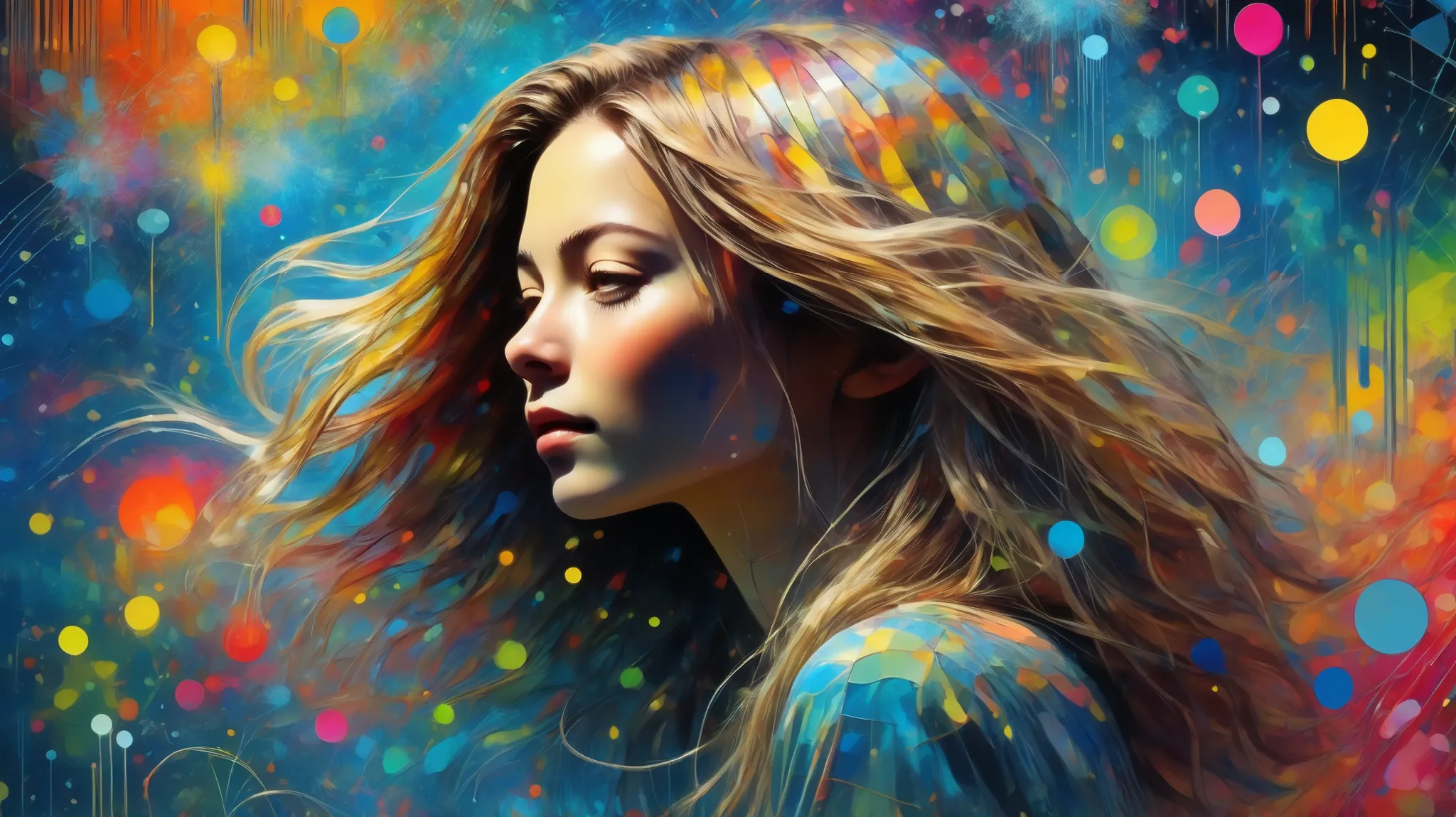 A young woman with long flowing hair stands in a field of bioluminescent dandelions, sketching an abstract expressionist painting with dynamic fluid shapes and vibrant neon tones. The artwork blends chaotic textures and forms, capturing an energetic yet se...