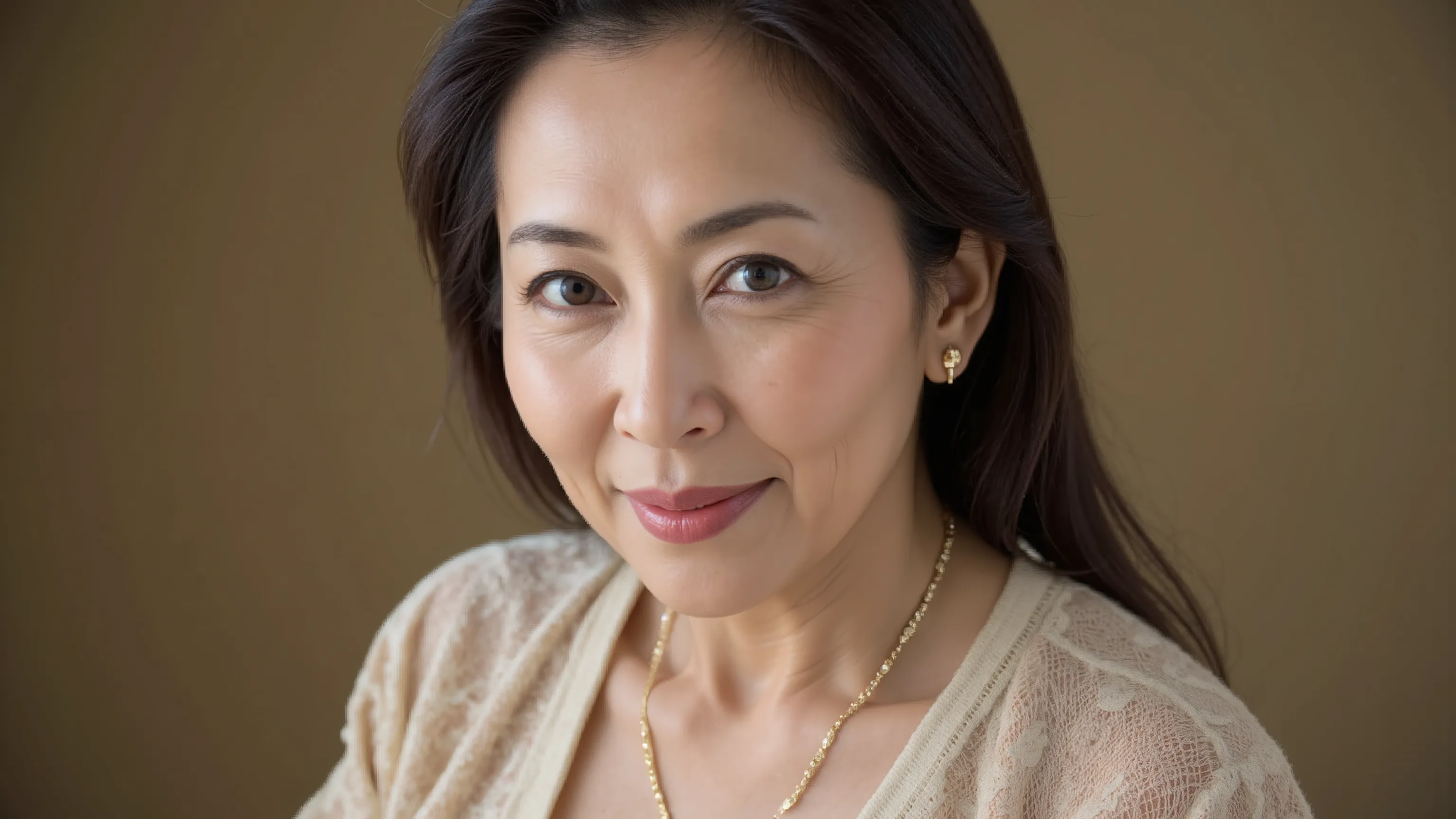 65 years old,(Mature Woman:1.2),  seductive gaze ,Japanese, (Her face has many wrinkles:1.4), ( Beige lace kebaya that fits perfectly  ..4),old woman, Fine lines (old woman in Japan),   Long Fashion Hair , your body is slim, Chest, (Big Breasts:1.4)  skin ...
