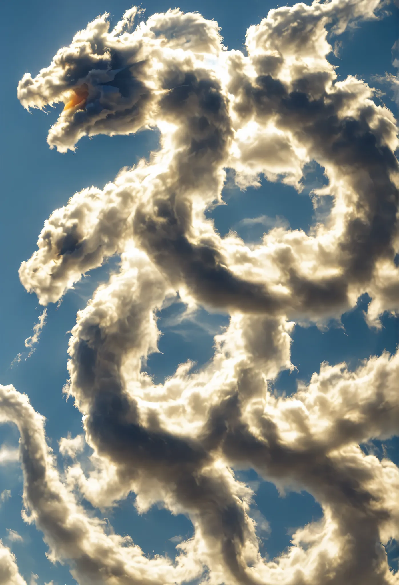clouds look like Russian dragon Snake Golinich, a dragon with three heads , Dragon Flying , Sunlit