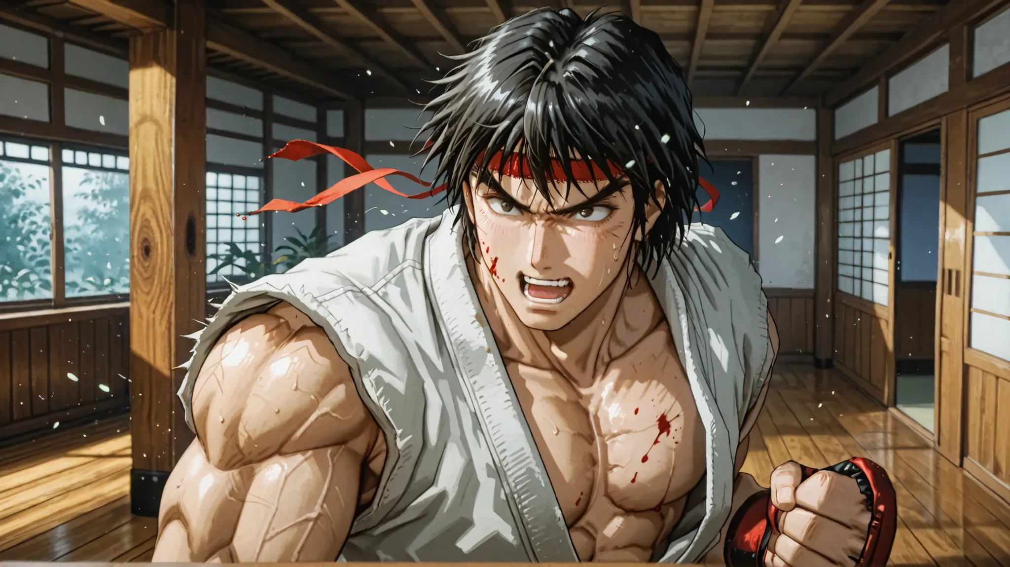 A brutal training fight between Ryu and Ken in a traditional Japanese dojo surrounded by nature. Ryu, wearing his white gi, is throwing a powerful punch toward Ken’s face, sweat and dust flying off. Ken, in his red gi, is mid-air from the impact but gritti...