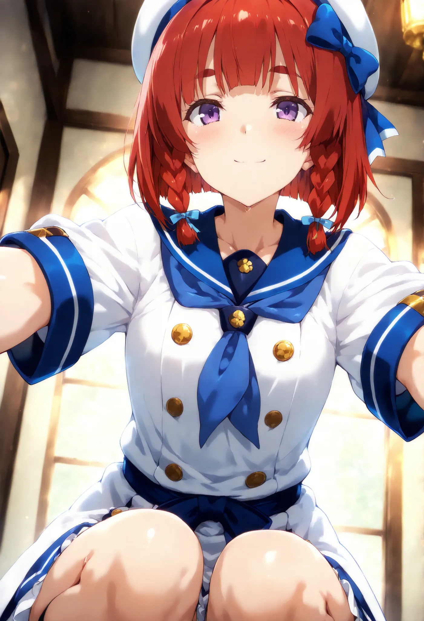 masterpiece, Highest Quality,
one girl with arms, alone,
It's over , close, smile, mouth from below,
Etorofu \(fleet collection\), short hair, redhead, bob cut, twin blade, Thick eyebrows, purple eyes, Side Braid, twin blade, , flat at honny_chest,
, Se...