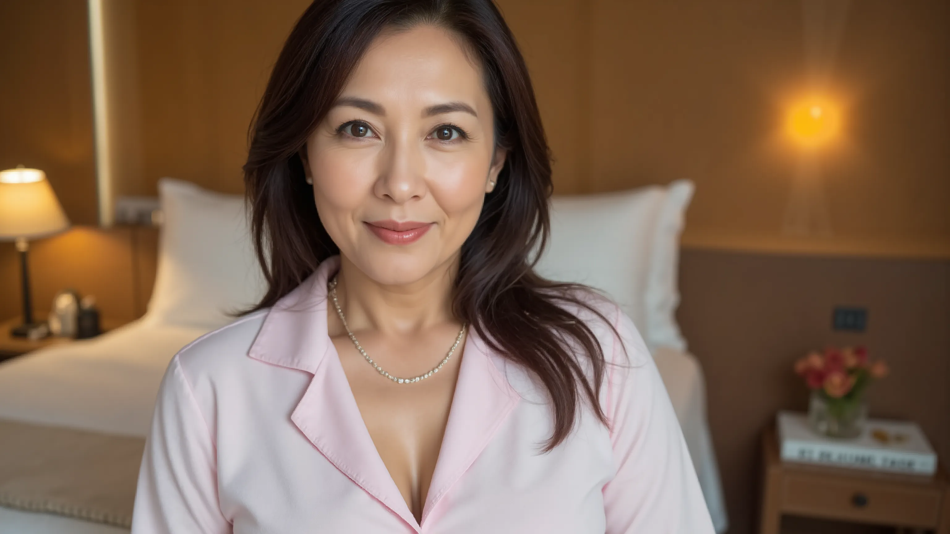 ６0 year old middle-aged woman、In a softly lit room、in pajamas。in the bedroom with a relaxed atmosphere、the bedside lamp is warmly lit in the background、depicts a “sense of security and inclusiveness” as an emotion、the focus is on a woman's eyes。