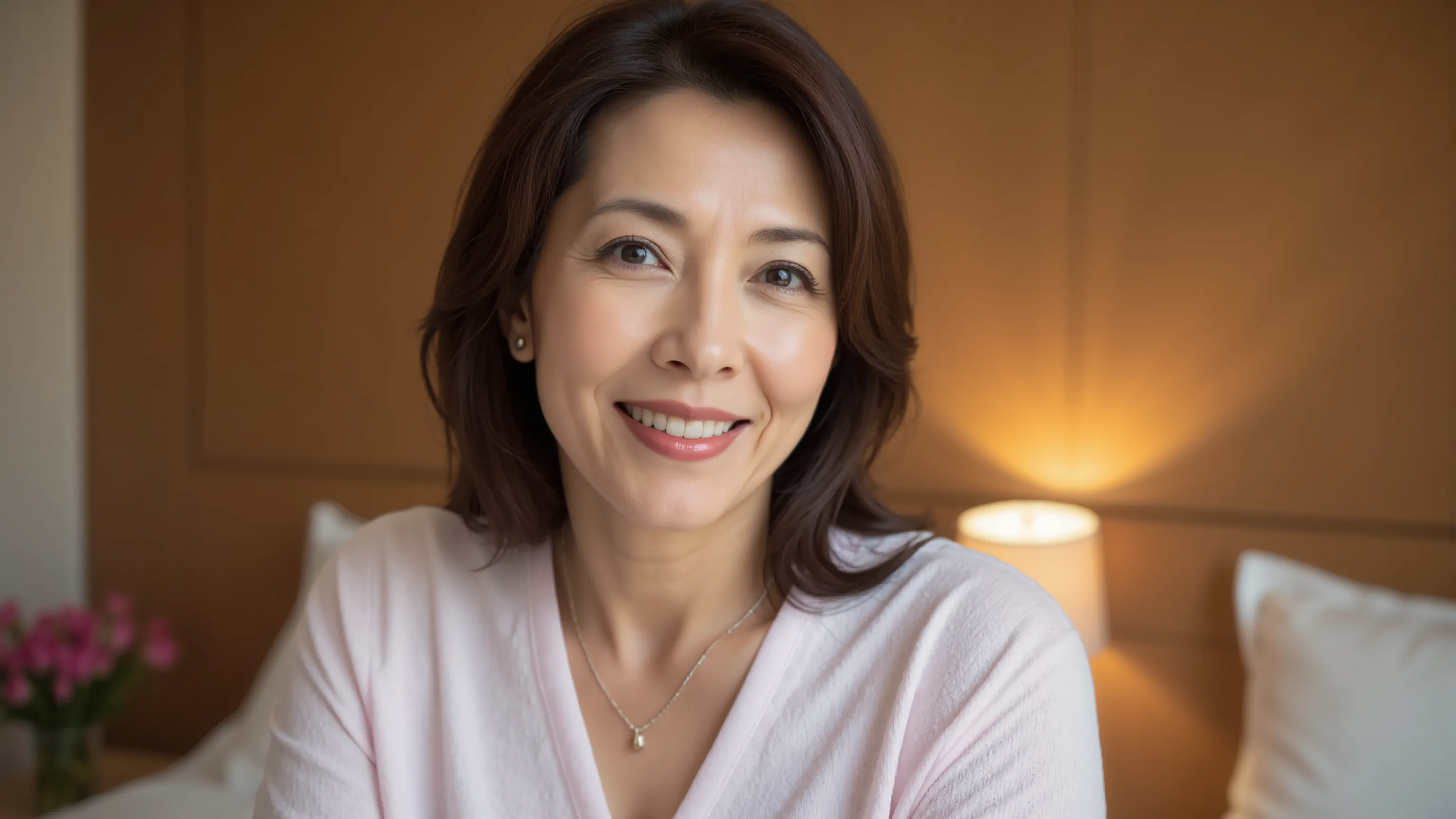 ６0 year old middle-aged woman、In a softly lit room、in pajamas。in the bedroom with a relaxed atmosphere、the bedside lamp is warmly lit in the background、depicts a “sense of security and inclusiveness” as an emotion、the focus is on a woman's eyes。