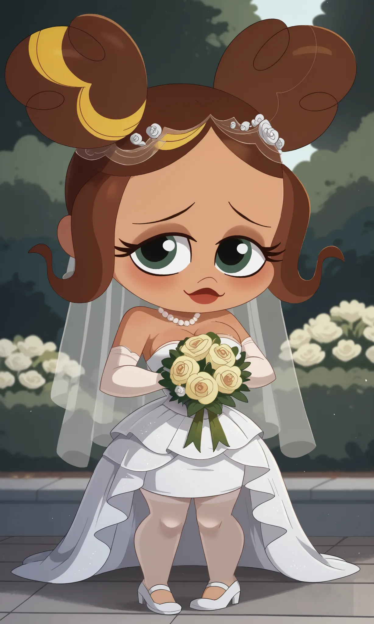 big head, , chibi style, chibi , chibi,cute chibi,, smile, 1 girl, breasts, jewelry, solo, earrings, wedding dress, bouquet of flowers, makeup, white shoes, full body, cleavage, medium breasts, dress, strapless, strapless dress, blushing, blushing, coverin...