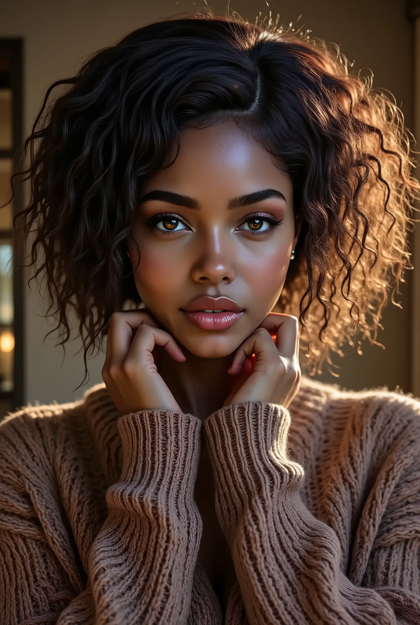 portrait of woman, aran sweater, detailed hands