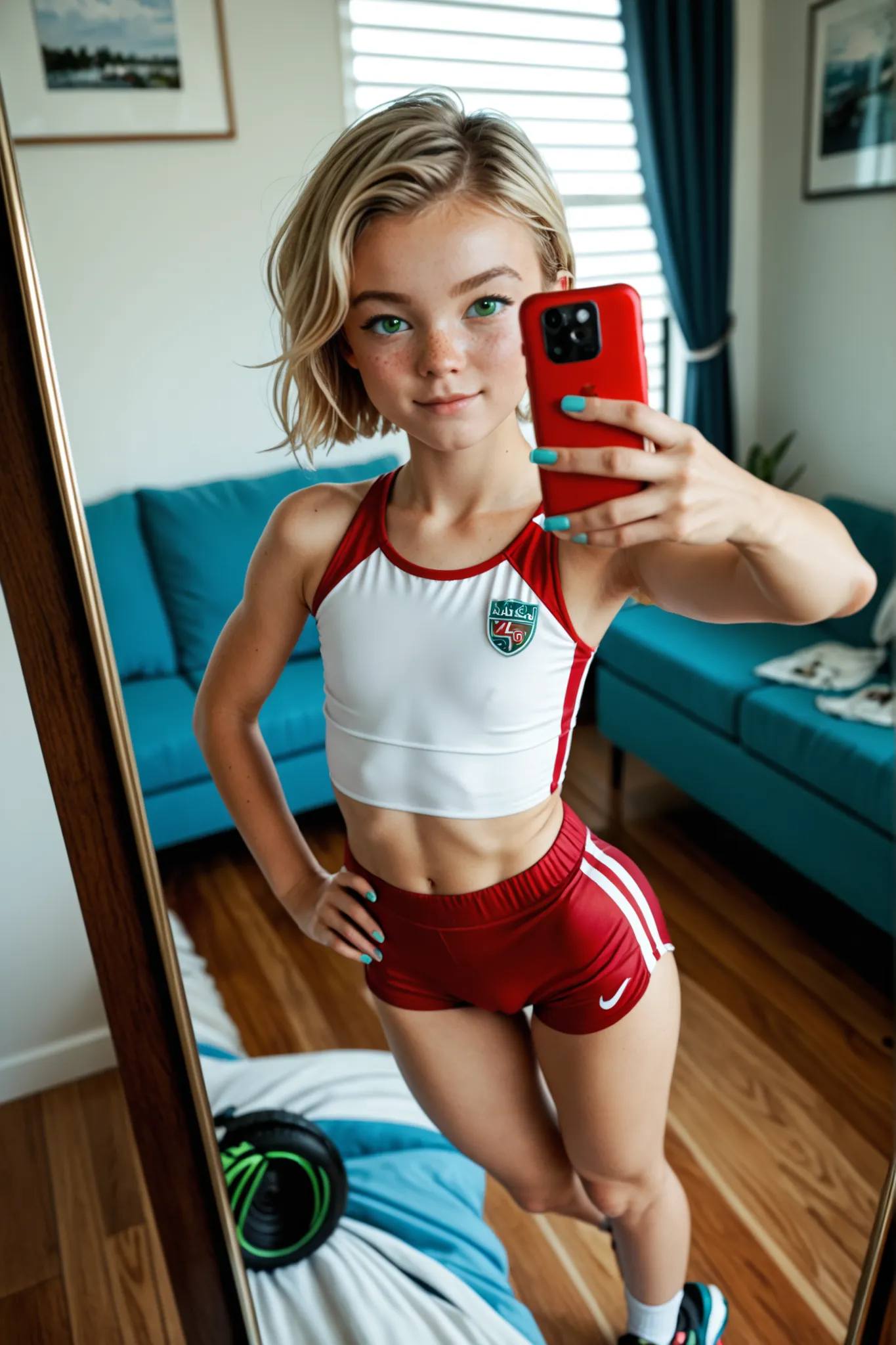a realistic full body picture of a small youthful Milly Alcock as a short girl. She has freckles, short blonde hair, green eyes, flat chest, wearing a sporty outfit. She's taking a selfie with her cellphone