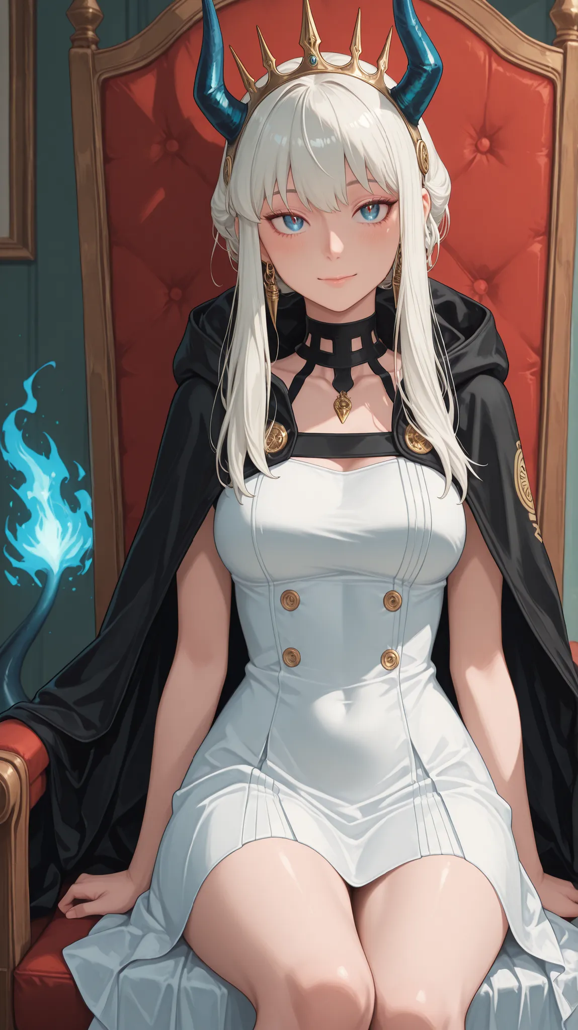 alone, 1 menina,  e curto, pequeno personagem, personagem curto, personagem curto, 1.character 50 meters tall;

snow-white hair, The character's hairstyle must be the same as Yor Forger's from "spy x family", Reed's blue horns, the Flaming Shadow of "arkni...