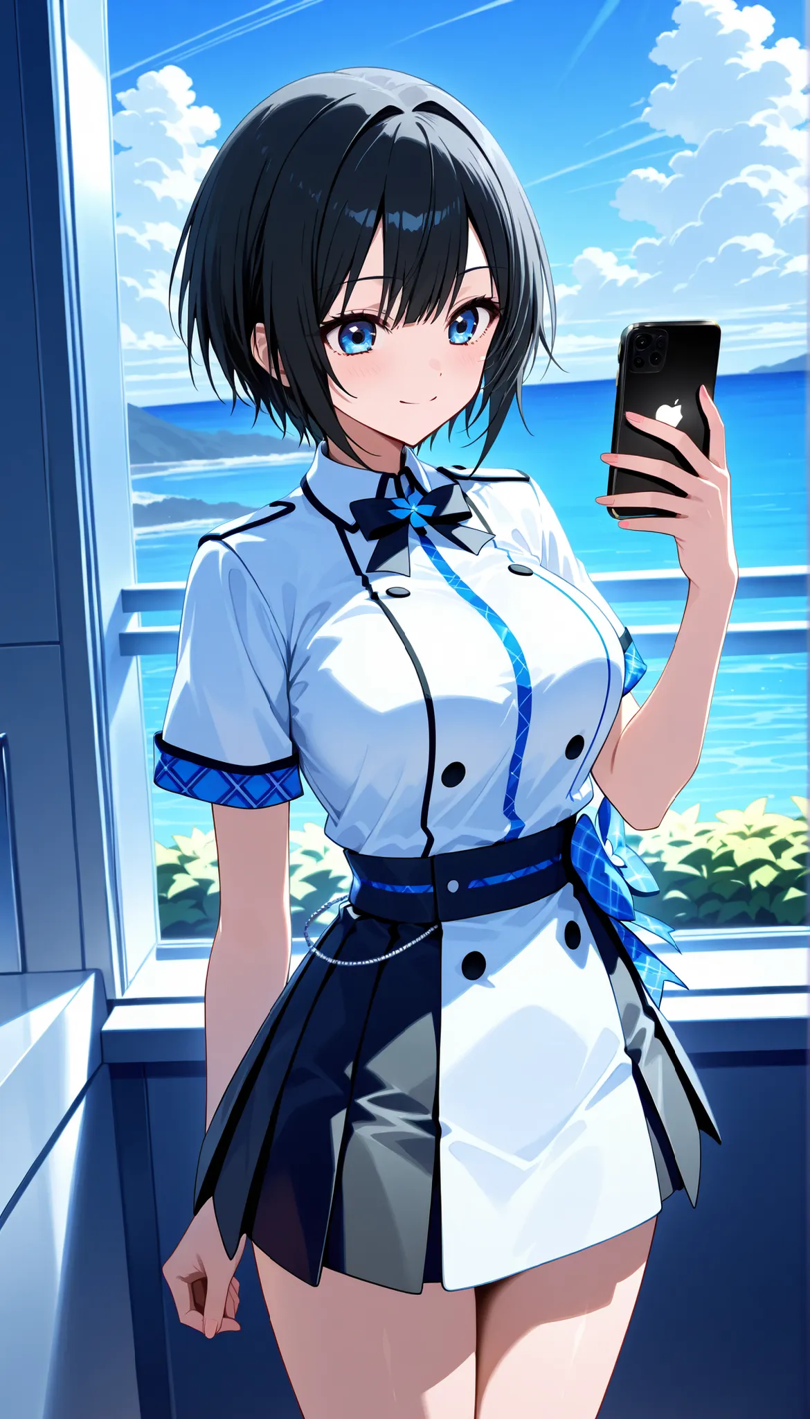 (Shot on iPhone:1.5), (A beautiful busty gravure idol taking pictures of the scenery with an iPhone:1.5), (black short hair:1.5)